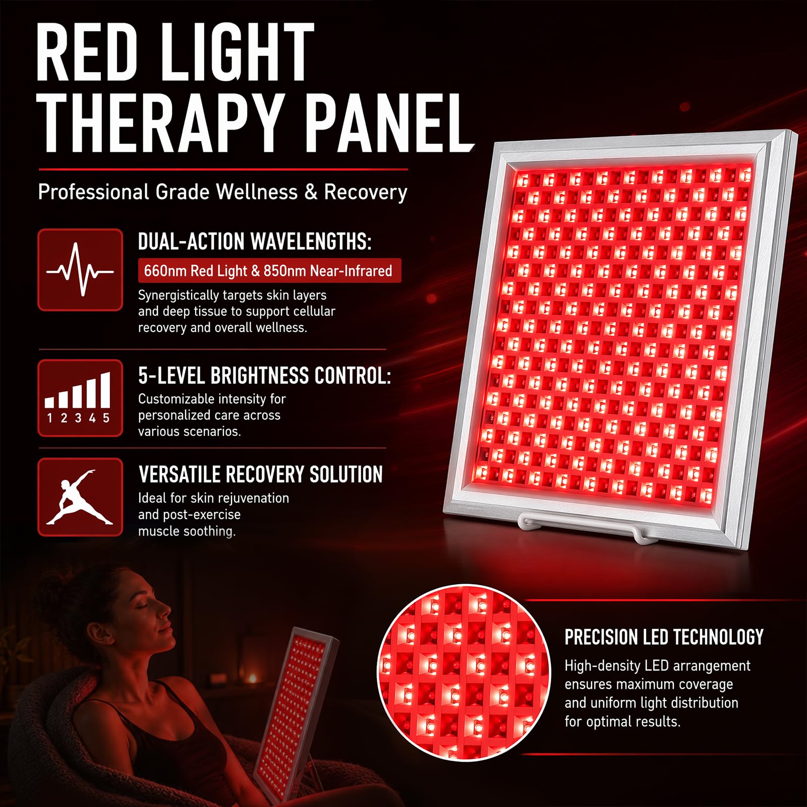 289 LED Rotlichtlampe 150W Infrarotlampe 660nm 850nm Red licht Panel con 5 niveles de brillo y Timer-Funktion Anti-Aging, Muskelschmerzen, Incluye soporte, control, gancho y gafas de protección
