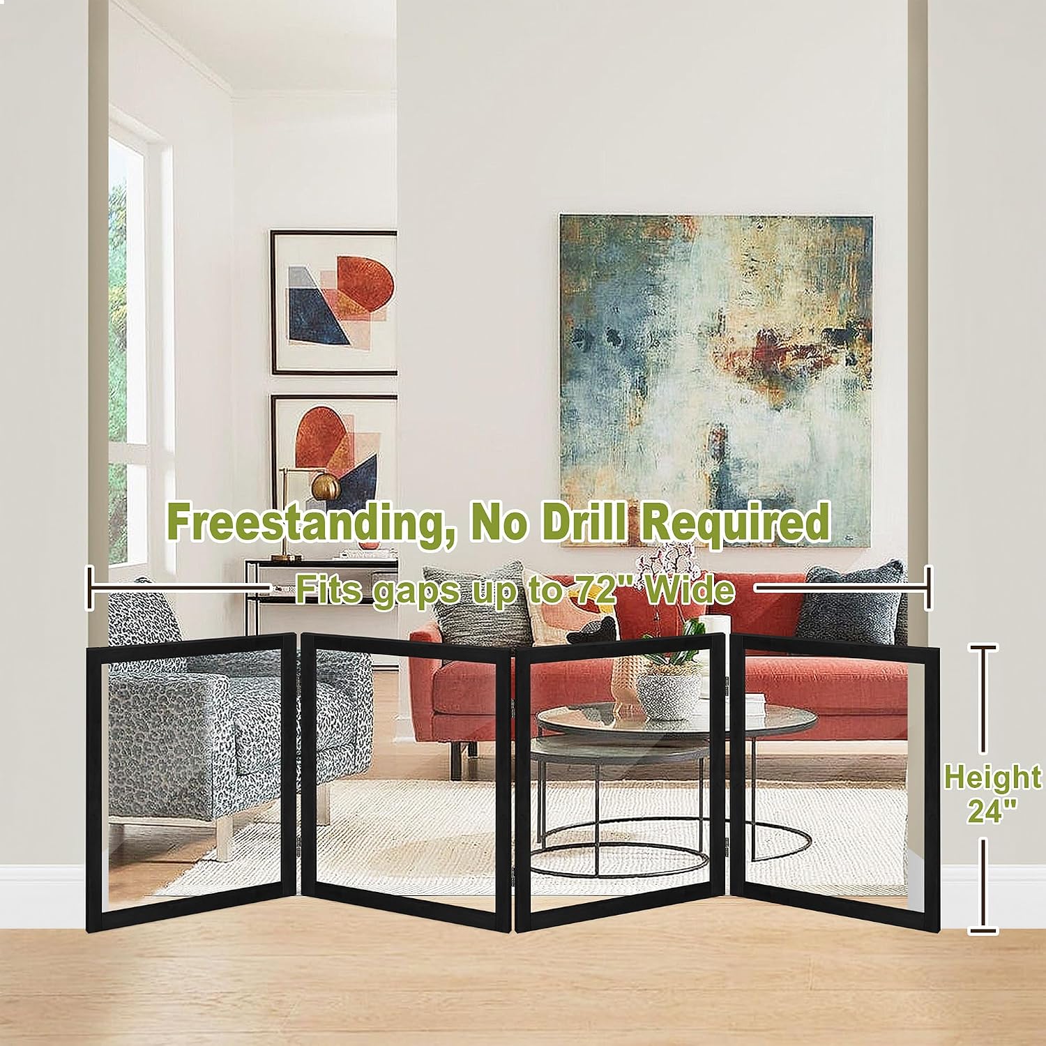 LZRS Extra-Wide Clear Dog Gate for Indoor Use - Transparent Pet Fence with Solid Hardwood and Plastic Board, Stylish & Durable freestanding Pet Gate for Doorways, Stairs and Hallways-4 Panel Black