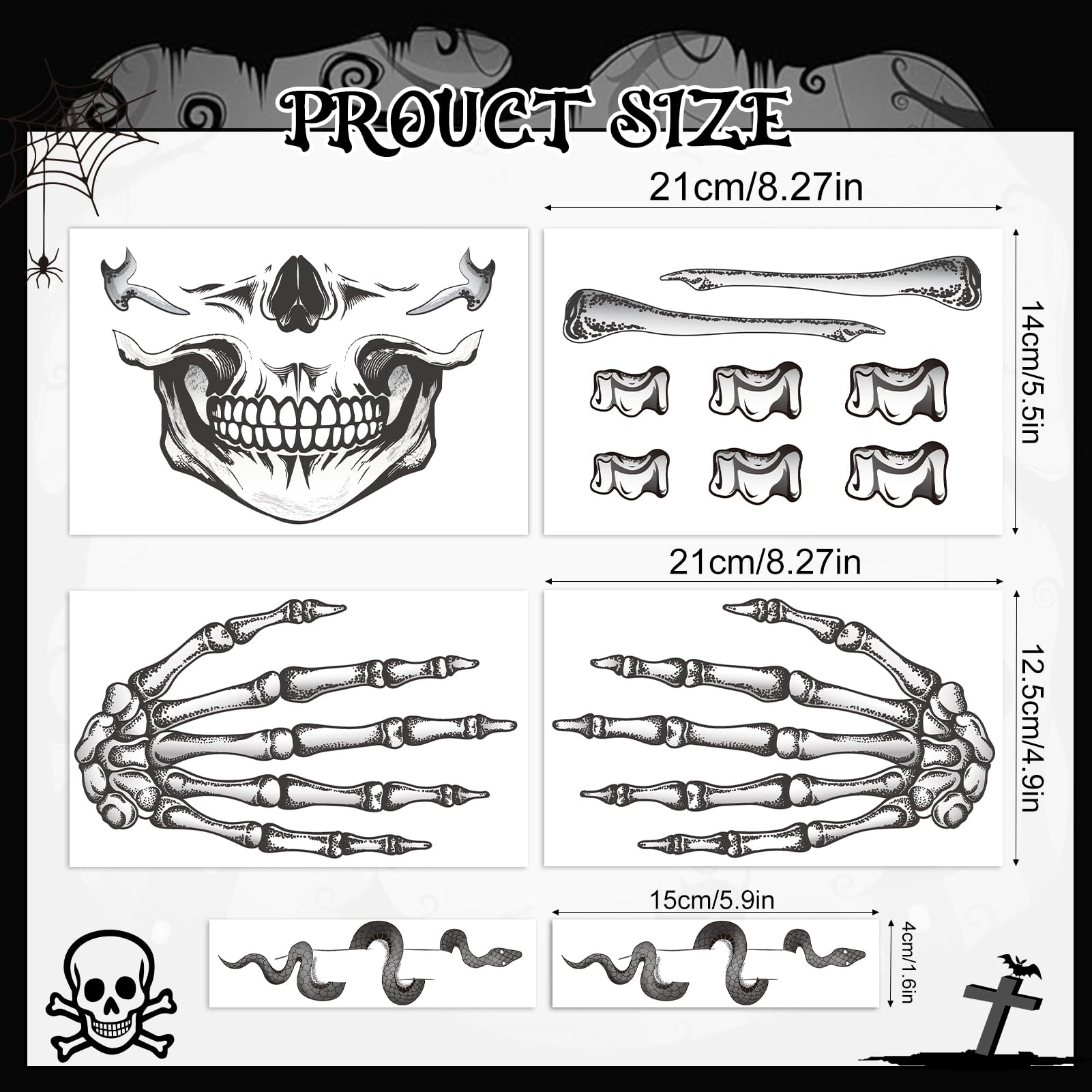 HOWAF 6 PCS Skeleton Face Tattoo, Skeleton Face, Hand, Snake Collarbone, Skull Halloween Temporary Tattoos - Image 2