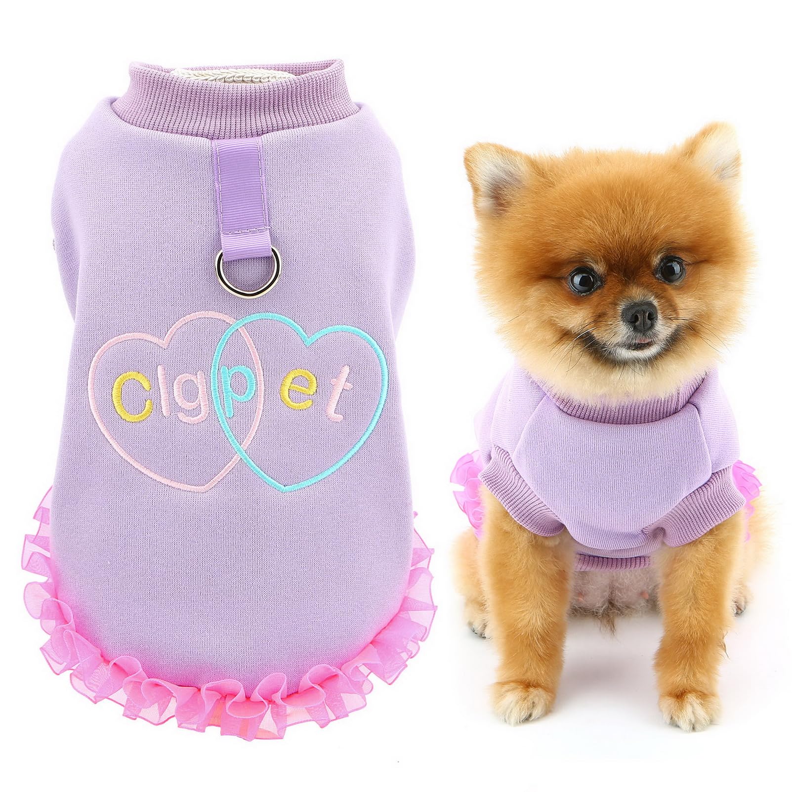 SMALLLEE_LUCKY_STORE Fleece Dog Sweater for Small Dog Pet Sweatshirt with D-ring and Embroidery Heart Letter Puppy Pullover Warm Winter Fall Chihuahua Yorkie Outdoor Clothes, Purple, L