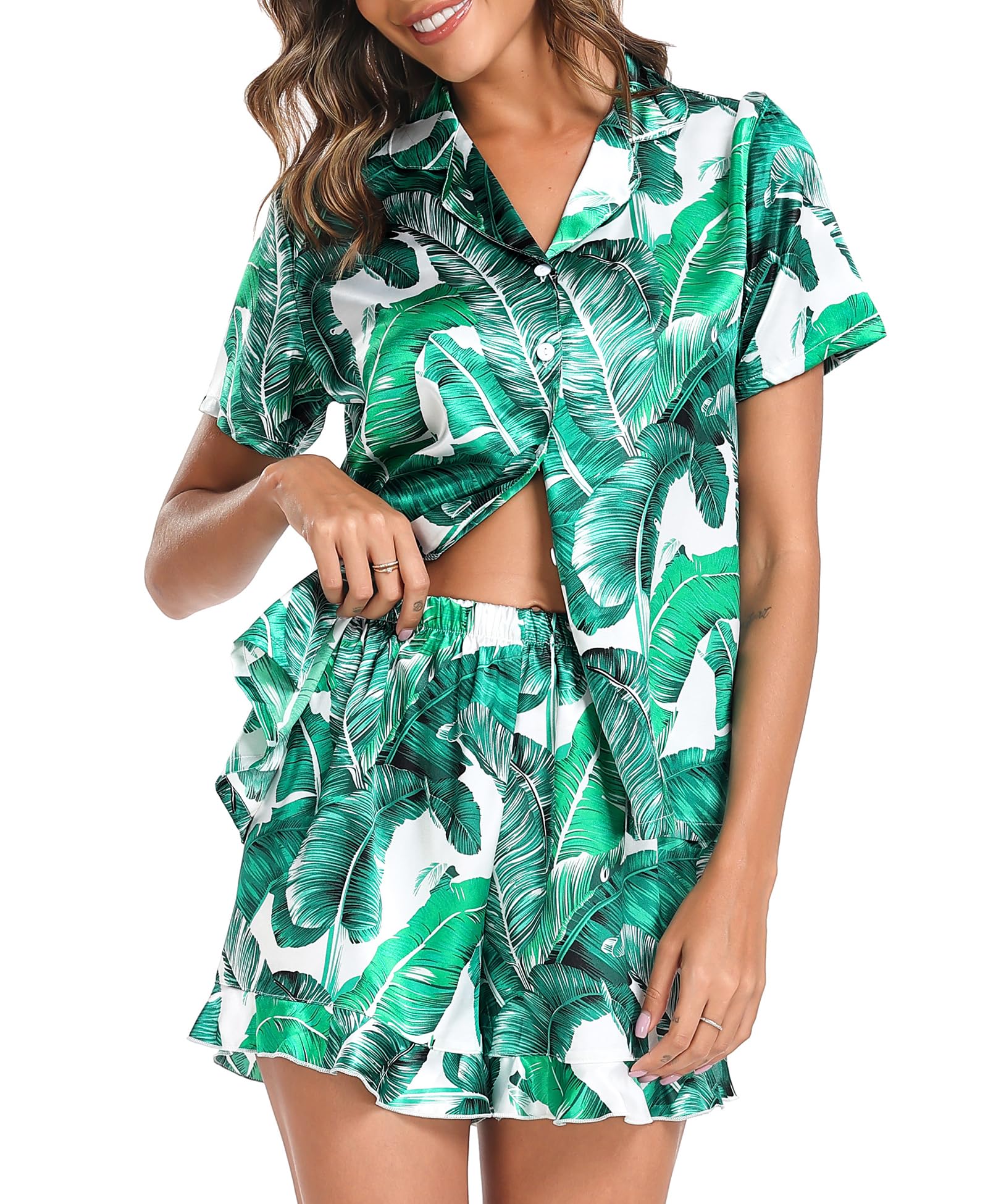 SWOMOG Women's Silk Satin Pajamas Set Short Sleeve Button Down Sleepwear Ruffle Hem Shorts PJ Sets Two-Piece Loungewear