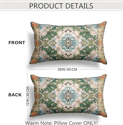 Miniatura 2 de Snycler Juego de 2 fundas de cojín bohemias de 12 x 20 pulgadas, alfombras bohemias de algodón suave con patrón de doble cara para sofá, cama (verde)