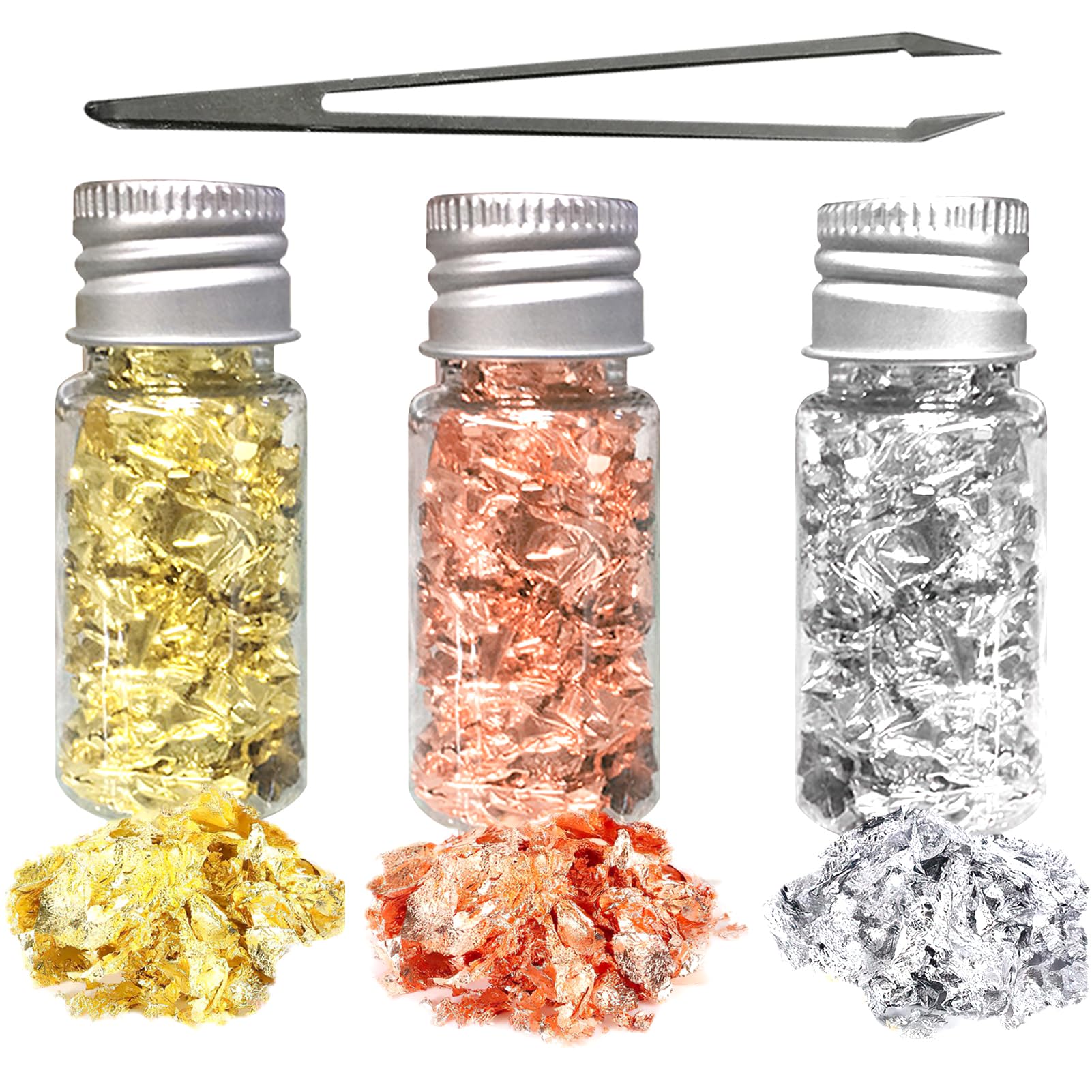 3 Bottles Gold Leaf Flakes with Tweezer, 15g Imitation Gold Silver Rose Gold Colours Metallic Leaf Foil Flakes Metallic Gilding Paper Decoration for DIY Resin Jewelry Painting Crafting and Nail Art