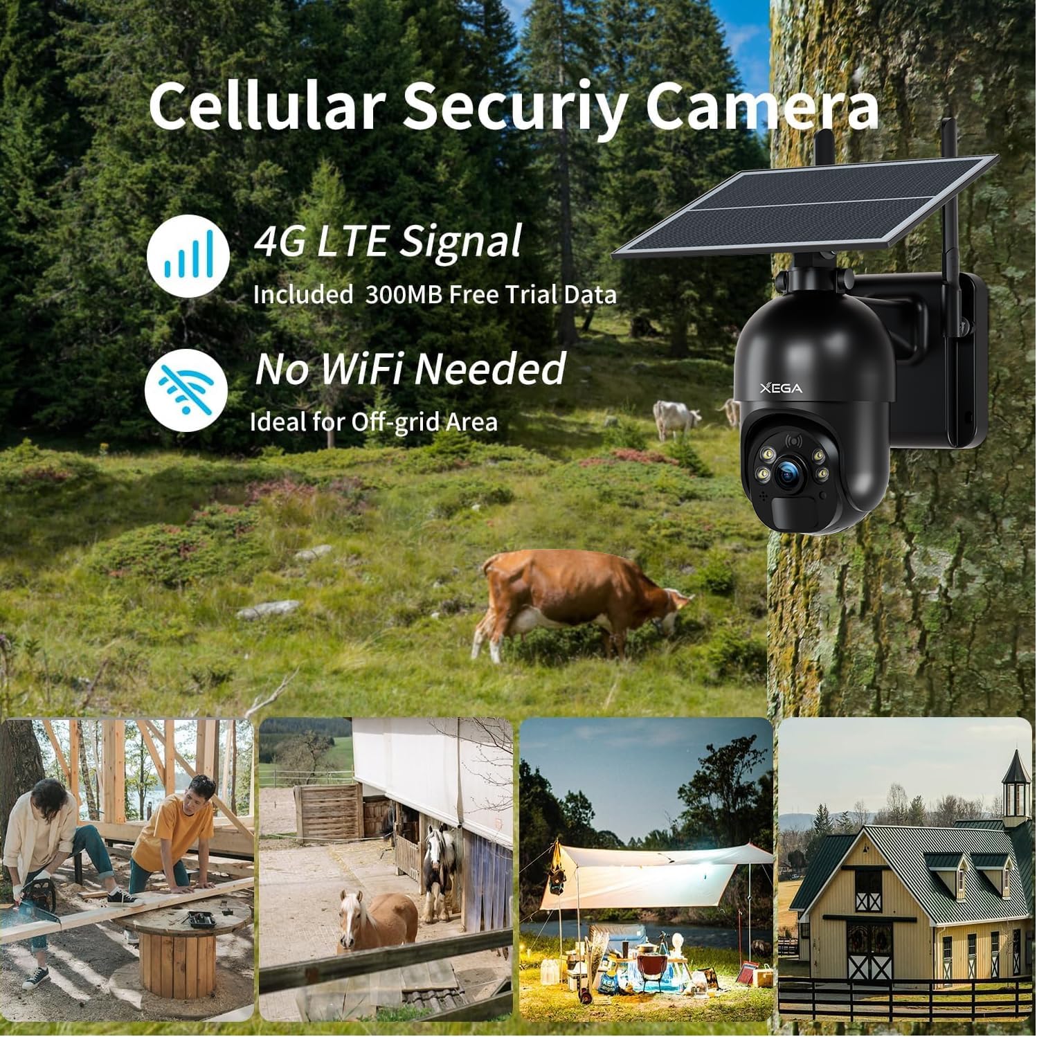 Xega 4G LTE Cellular Security Camera Outdoor Solar Camera Wireless Built-in SIM Card, 2K HD Color Night Vision PTZ 360° View, Smart PIR Motion Detection, 2-Way Talk, No WiFi, IP66 - Image 3