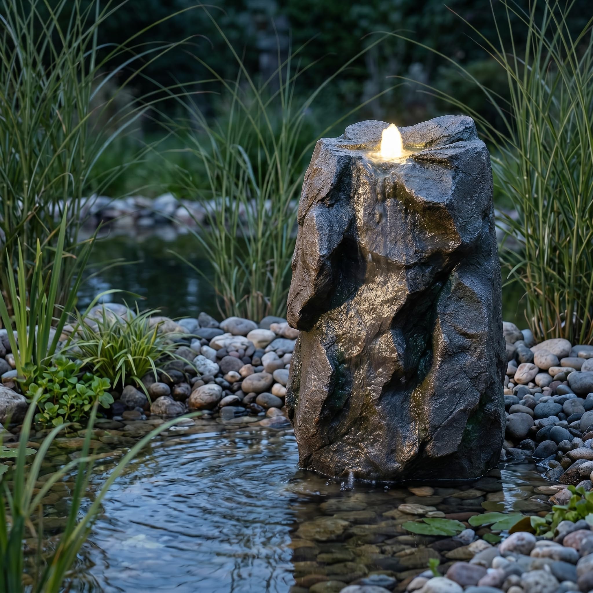 Kunstfelsen Wasserfall mit LED für Teich – Quellstein in Steinoptik, Wasserspiel für Gartenteich & Bachlauf, wetterfeste Teichdeko aus Polyresin inkl. Schlauch & Netzteil