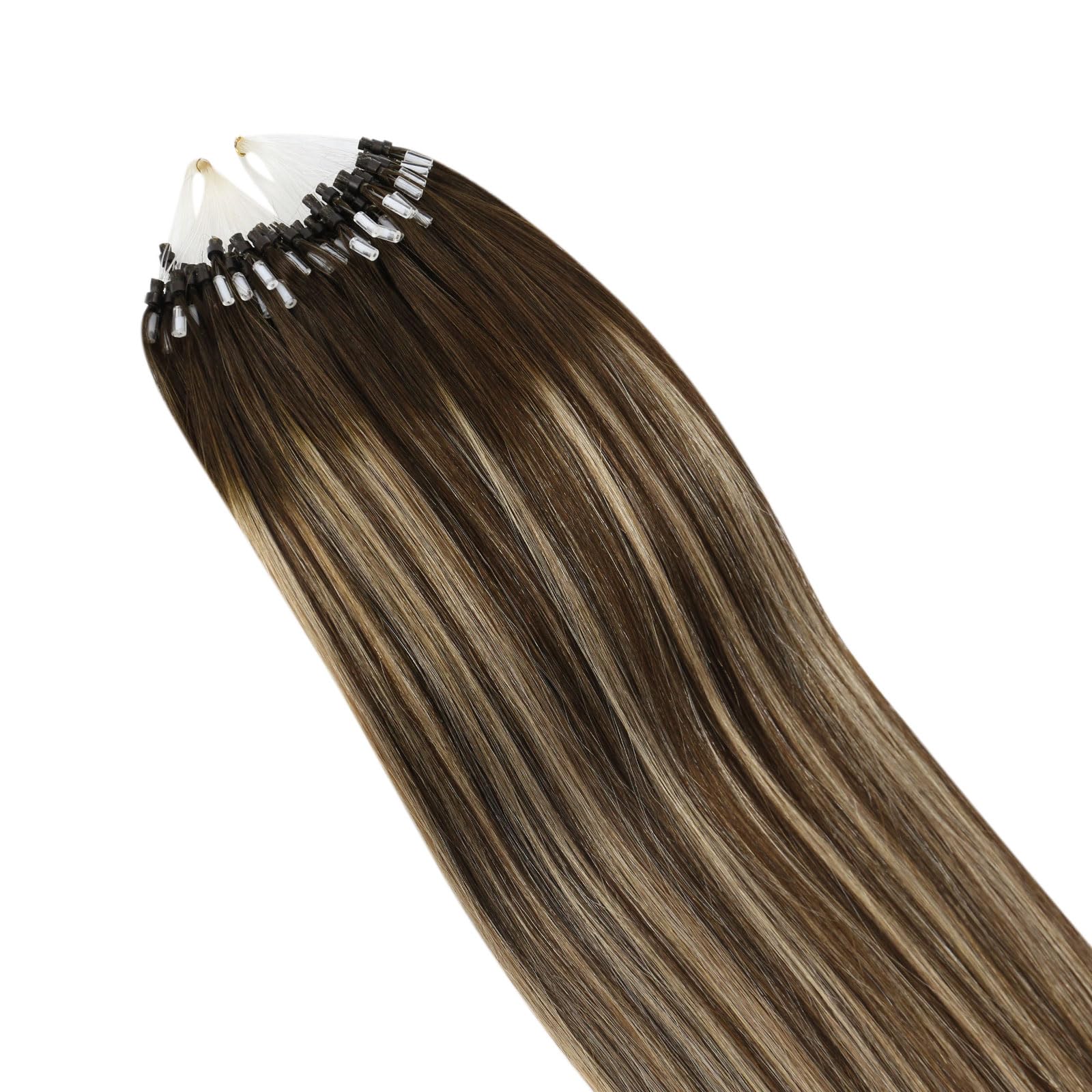 Ugeat Dopinki do włosów z prawdziwych włosów, mikro-pierścienie, ciemny brąz, balejaż blond, 50 s, 50 g, 4/27/4
