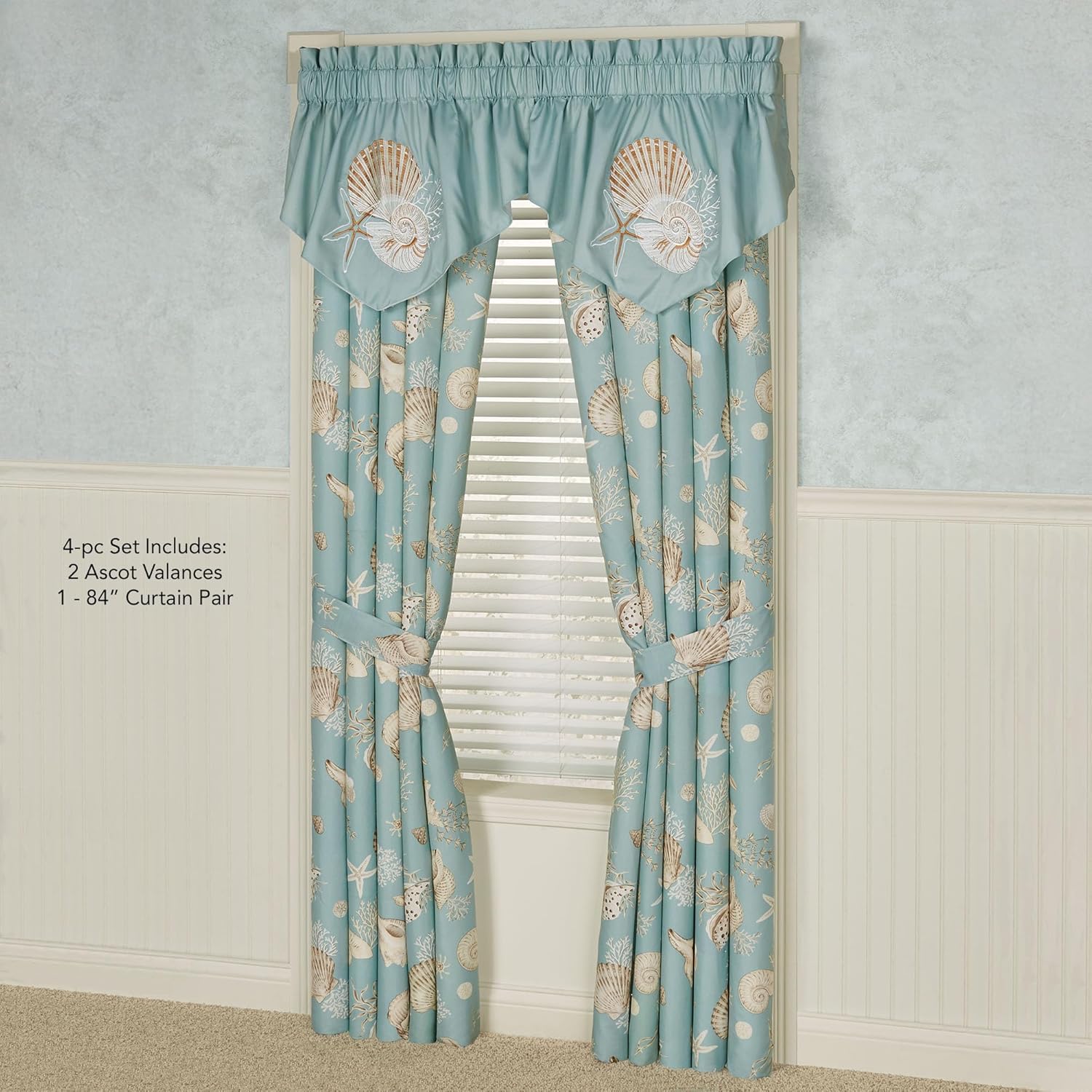 Seabreeze Coastal Ocean Beach Polyester Microfiber Lined Window Treatment | Shell Starfish Coral Stripe | Aqua Teal Ivory Cream | 4 Pc Set: 2 Ascot Valances, 84L Curtain Pair | Panels Drapery