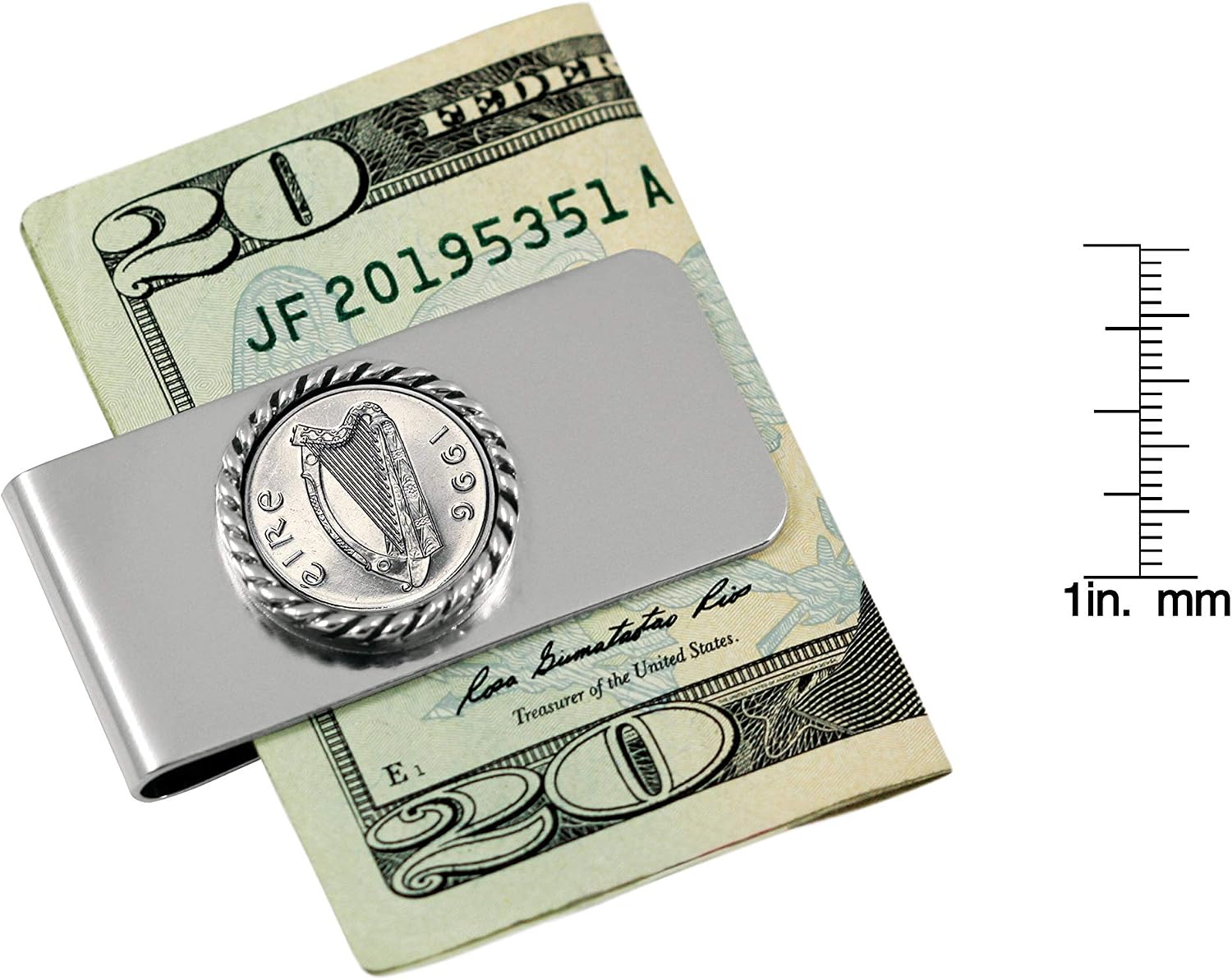 American Coin Treasures Coin Money Clip - Ireland Five Pence | Brass Moneyclip Layered in Silver-Tone Rhodium | Holds Currency, Credit Cards, Cash | Certificate of Authenticity