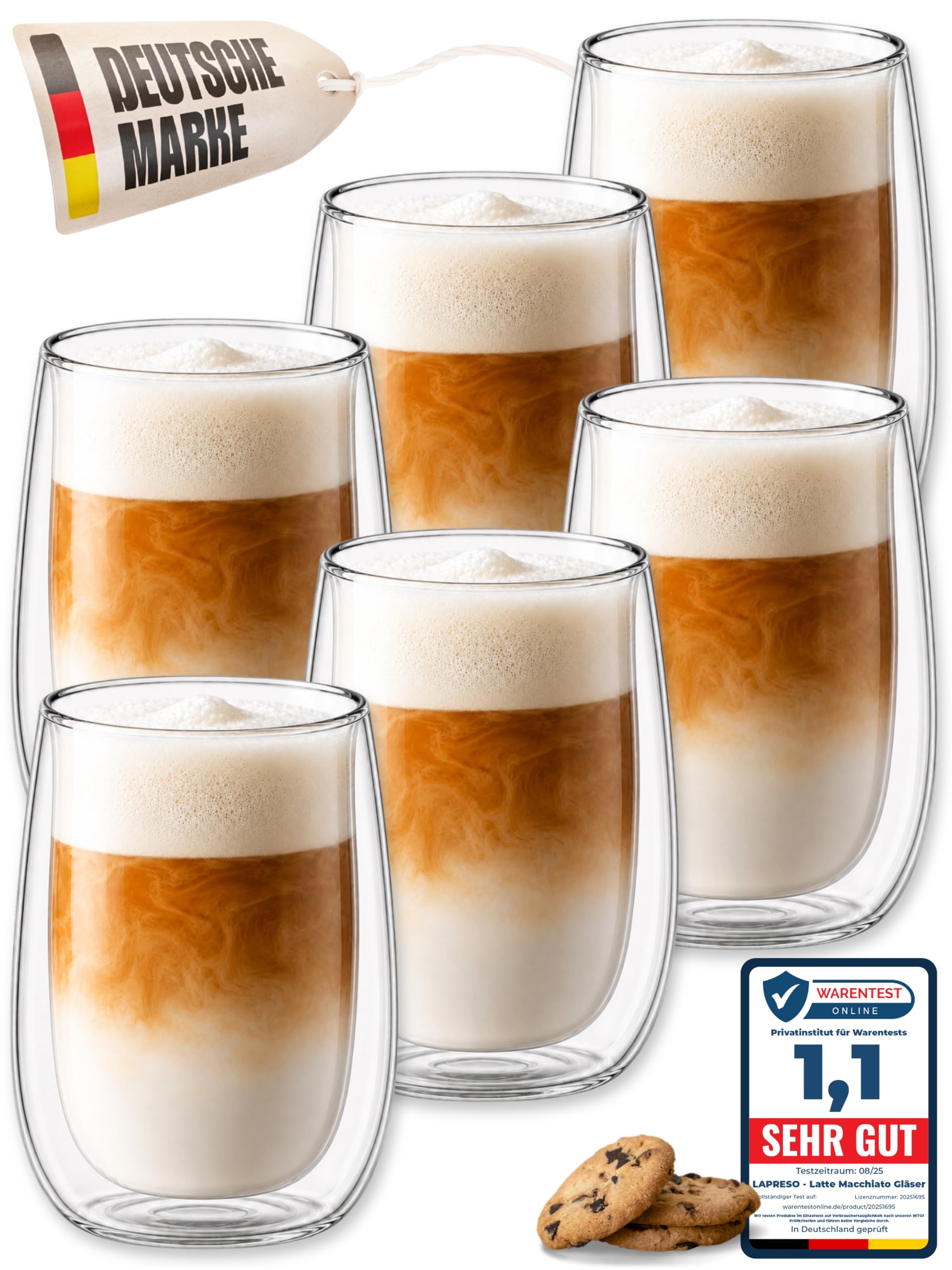 LAPRESO® Latte Macchiato Gläser doppelwandig 6er Set 350ml - Doppelwandige Gläser modernes Design Cappuccino Tassen Teegläser aus Borosilikatglas