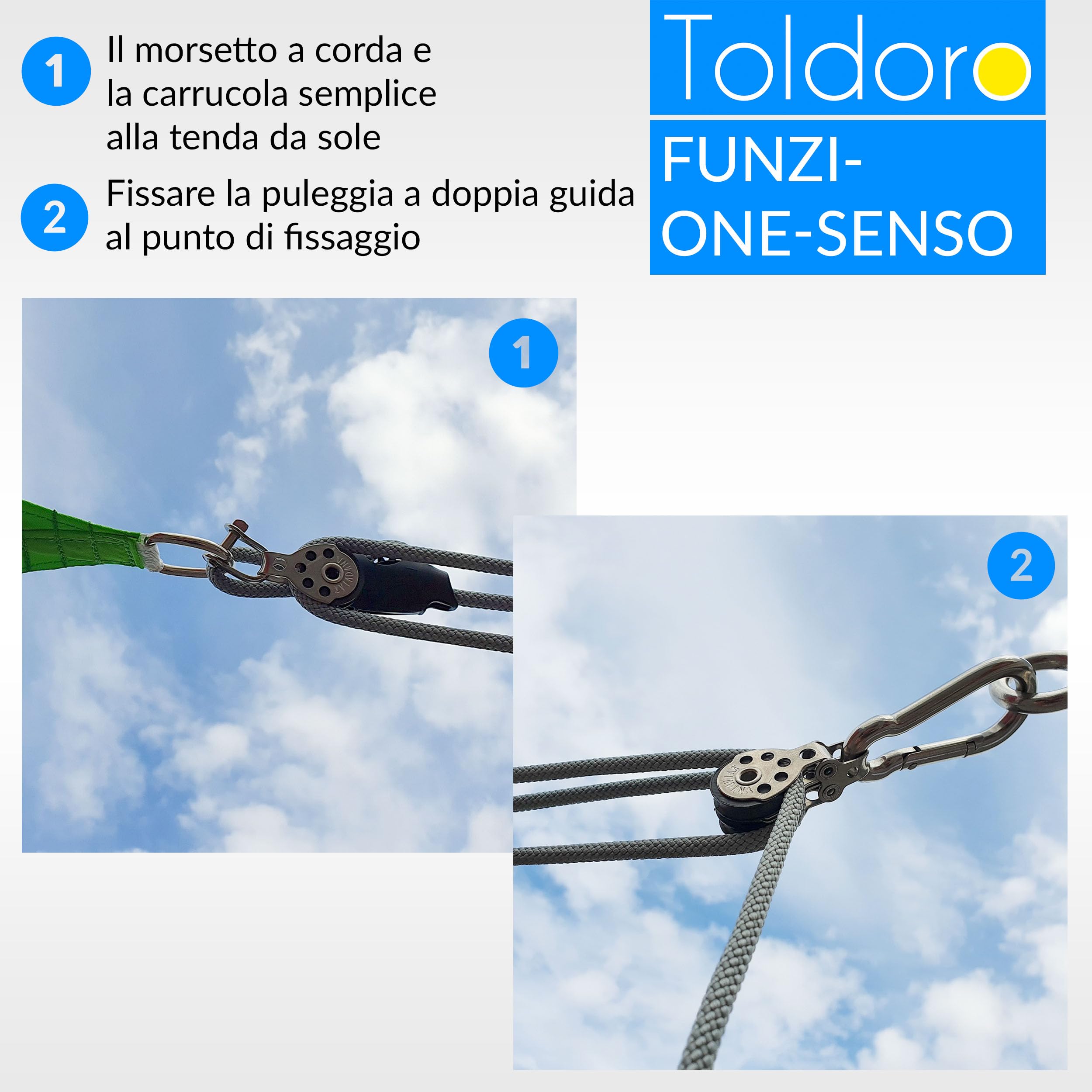 Toldoro® Paranco a 3 scomparti con 2 fori e corda/vela e tenda parasole, puleggia per il fissaggio e il fissaggio di tende da sole e vela/robusto sistema di fune