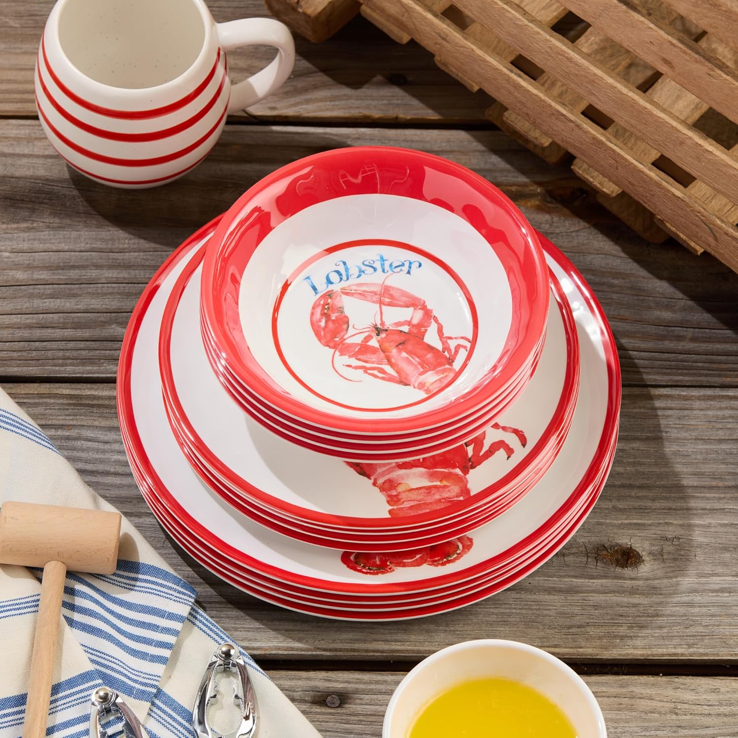 Beach House Lobster 12-Piece Melamine Dinnerware Set – Bold Coastal Charm, Service for 4, Durable, Lightweight, and Dishwasher-Safe