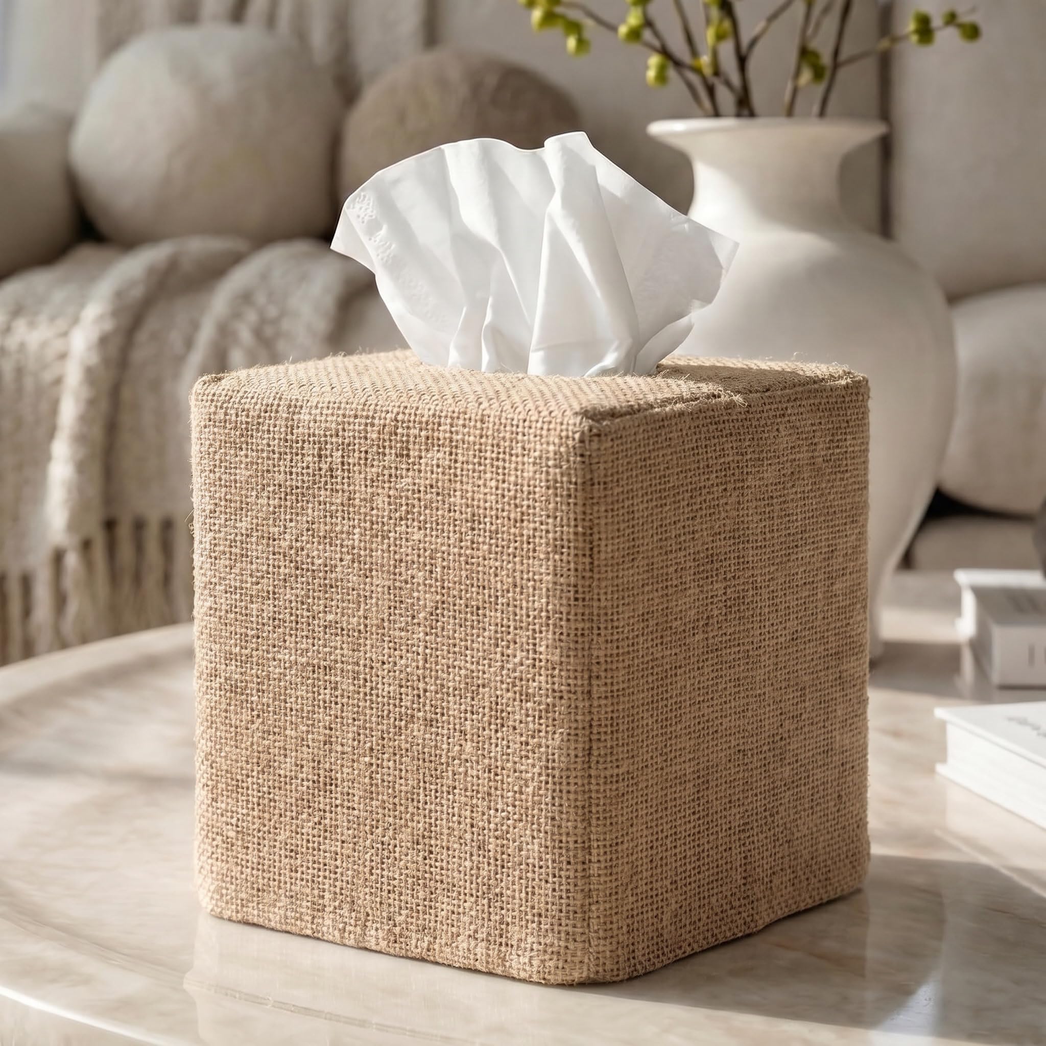 Photo 1 of Stylish Tissue Box Cover - Burlap Holder for Square Tissue Boxes