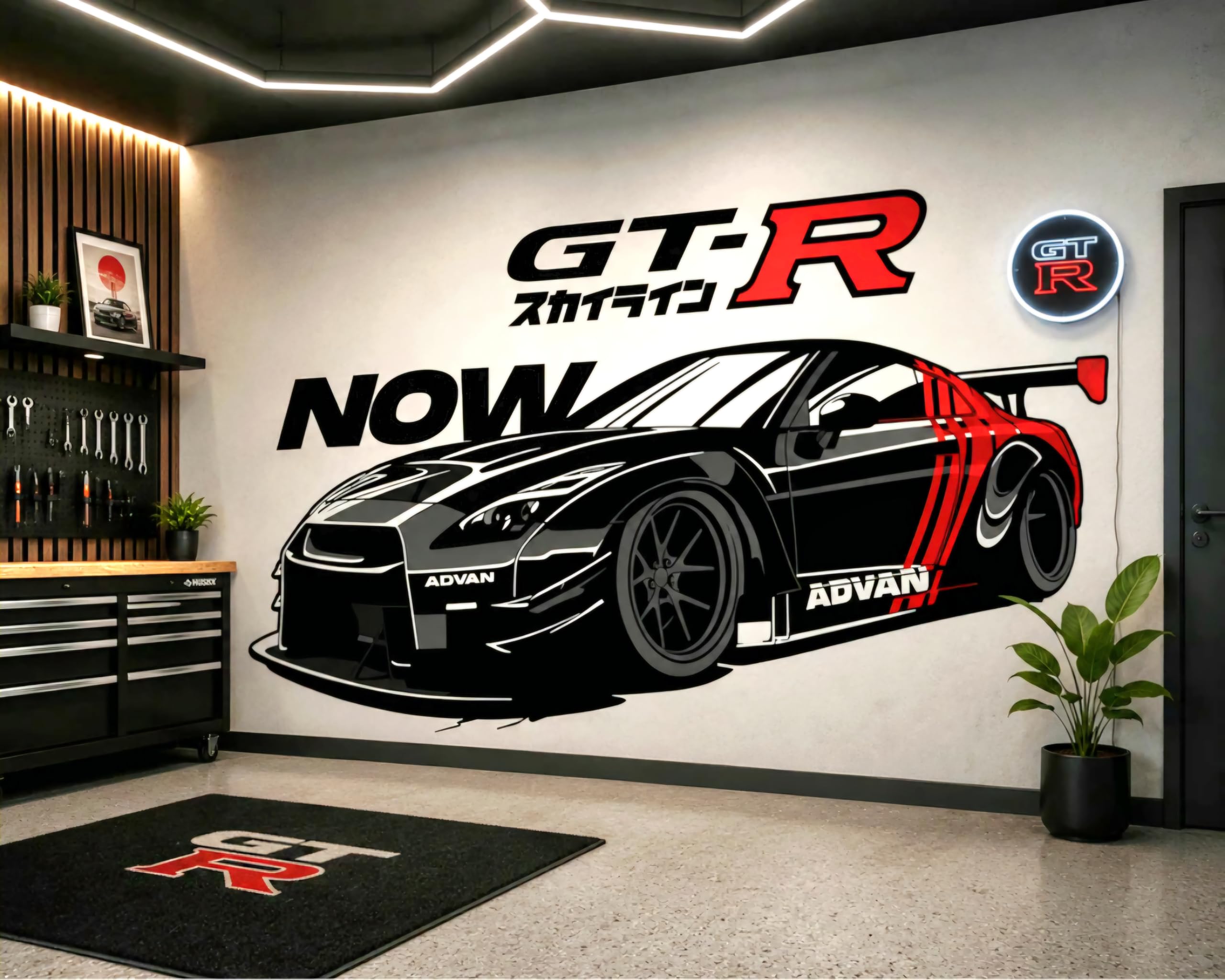 GT-R Skyline Racing Car Wall Sticker, Black and Red, JDM Theme, Garage and Living Room Decor, Vintage Automotive Theme Home Decor for Bedroom Living Room Kids Room, Extra Large Size-image-46