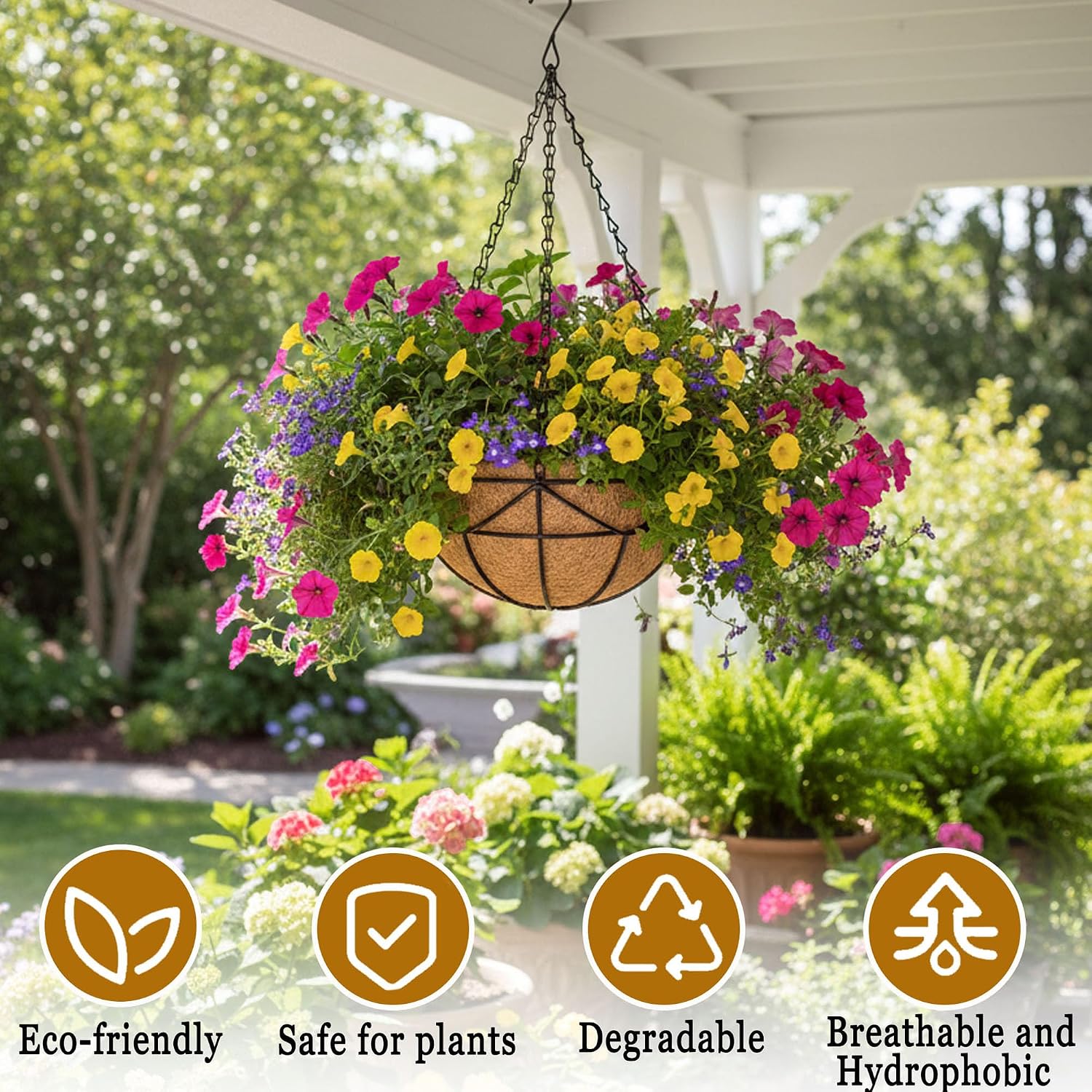 12 Inch Plant Hanging Baskets 4 Pack Round Metal Hanging Planter with Coco Coir Liner for Plants Outdoor Plant Basket Porch Indoor Garden Decoration