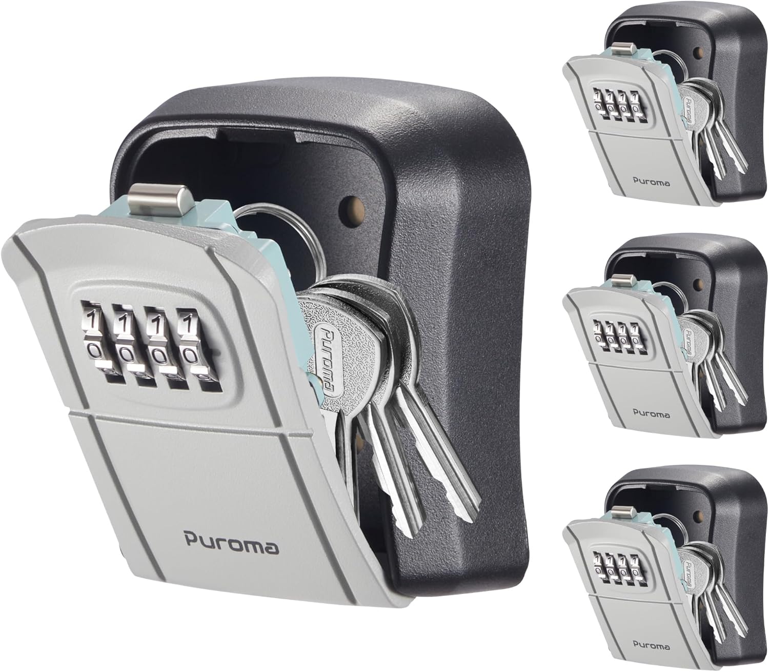 Puroma Key Lock Box Combination Lockbox Wall-Mounted Key Storage Box for House Keys, Resettable Code Safe Security Lock Box for Home, Office, Garage, Apartment Spare Key Storage (4 Pack, Grey)