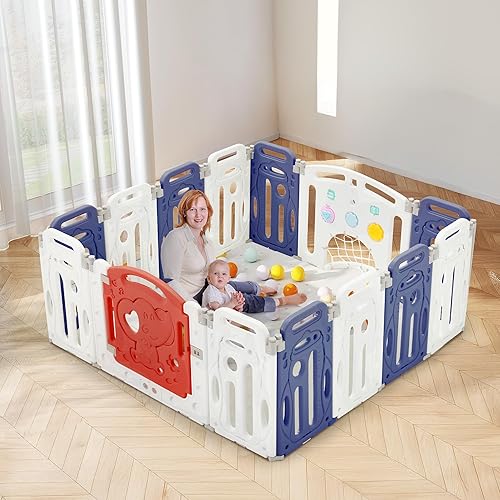 Corralito para bebés, parque de plástico plegable para bebés y niños pequeños, valla de 14 paneles con puerta con cerradura, reproductor de música,