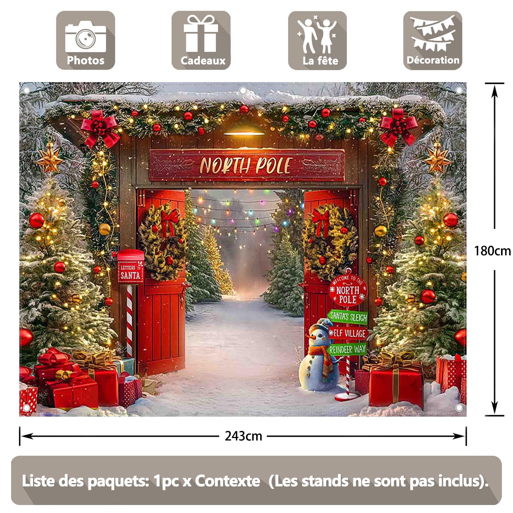 Luminora 2,4 x 1,8 m Pôle Nord Porte en Bois du Père Noël Toile de Fond | rouge Maison Village de fées Forêt enneigée Renne Arrière-plan Hiver Joyeux Noël Décor Fête Photo Bannière