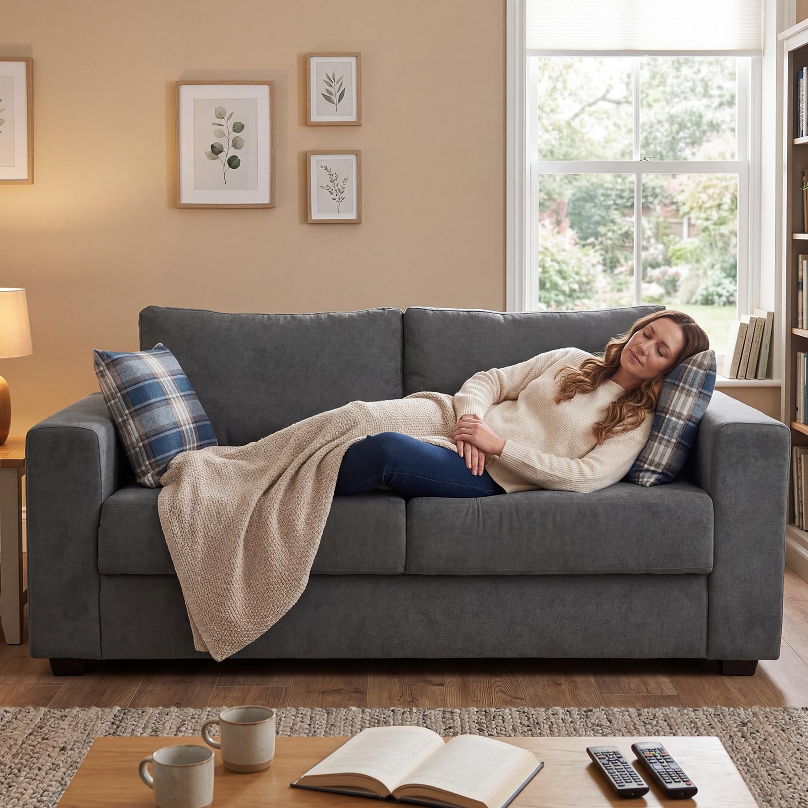 Panana Linen Fabric Sofa with 2 Pillows, Modern Loveseat Sofas for Living Room, Love Seat Couch w/Square Armrest for Guest Room, Bedroom, Office (Grey, 3 Seater)