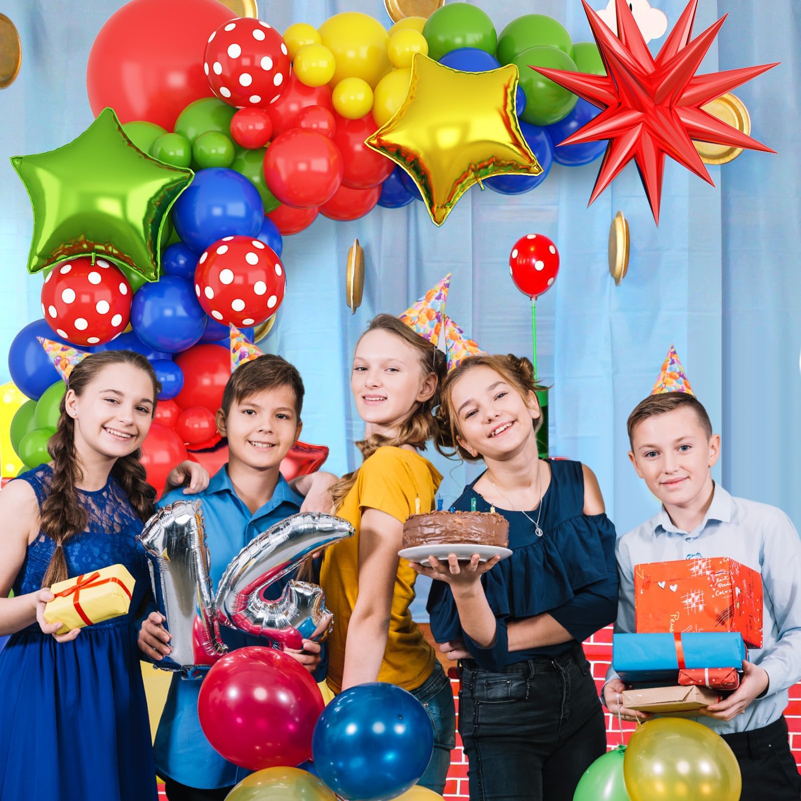 Rot Grün Gelbe Luftballons Girlanden, Kindergeburtstag Party Luftballons Deko, Super Bros Ballon Girlande mit Star Folienballon für Super Bros Babyparty Cartoon Video Spiel Superhelden Party Deko