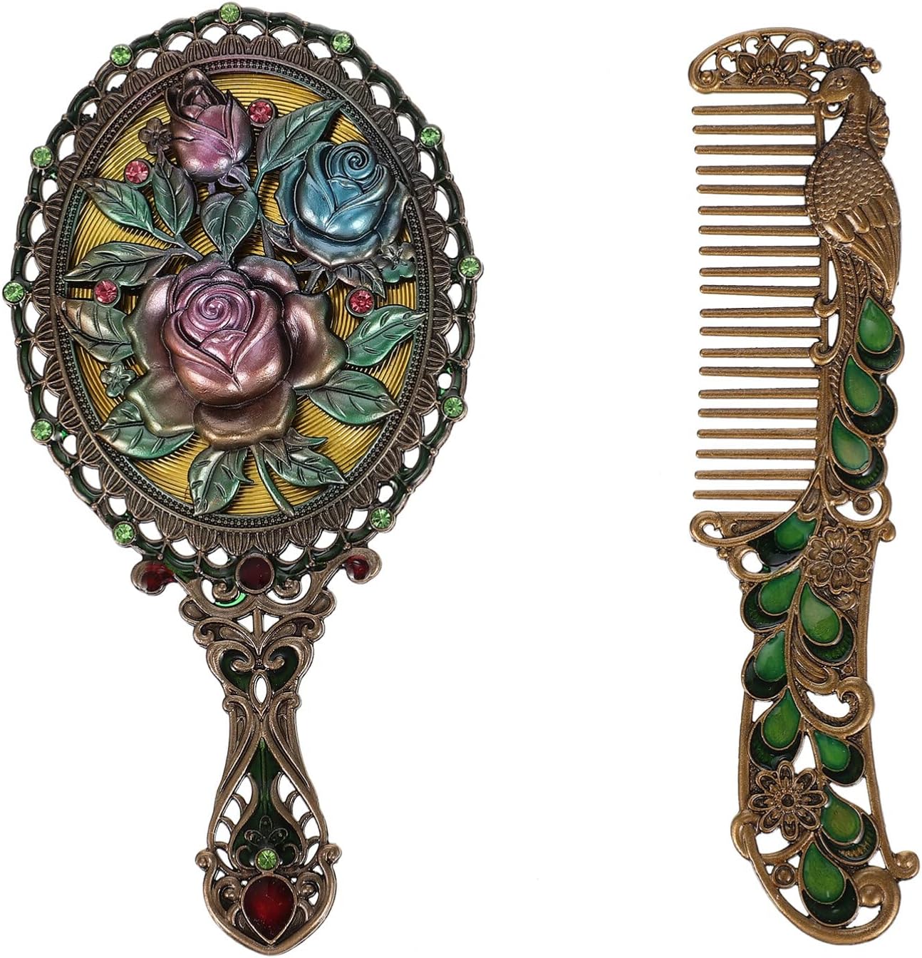 Antique Handheld Mirror and Hair Brush Set, Elegant Travel Makeup Tools for Women and Girls, Vintage Beauty Accessories