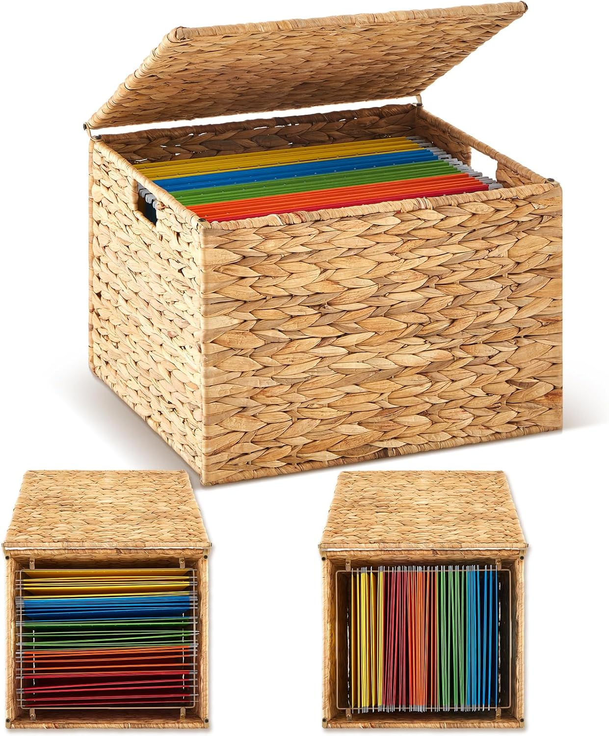 1 Pack Large Decorative File Box Water Hyacinth Letter/Legal Size File Organizer with Lid Collapsible Hand Woven Filing Cabinet for Office/Home Decor (16.54'' X 14.57'' X 11.4'',Light Color) 16.54'' X 14.57'' X 11.4'' Light Color 1