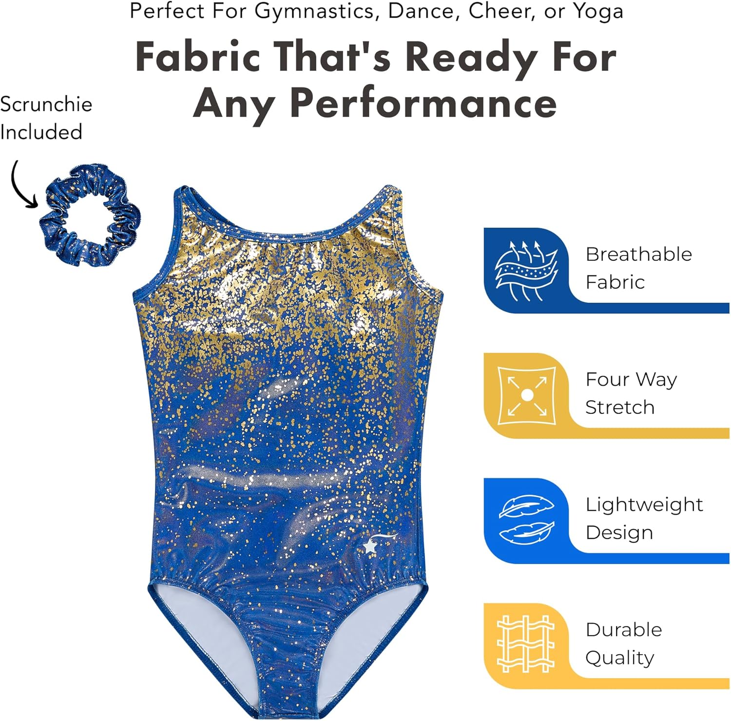 Destira Light The Night Strappy Gymnastics Leotard for Girls – Blue Gold Hologram Foil Shimmer Dance Leo, Matching Scrunchie
