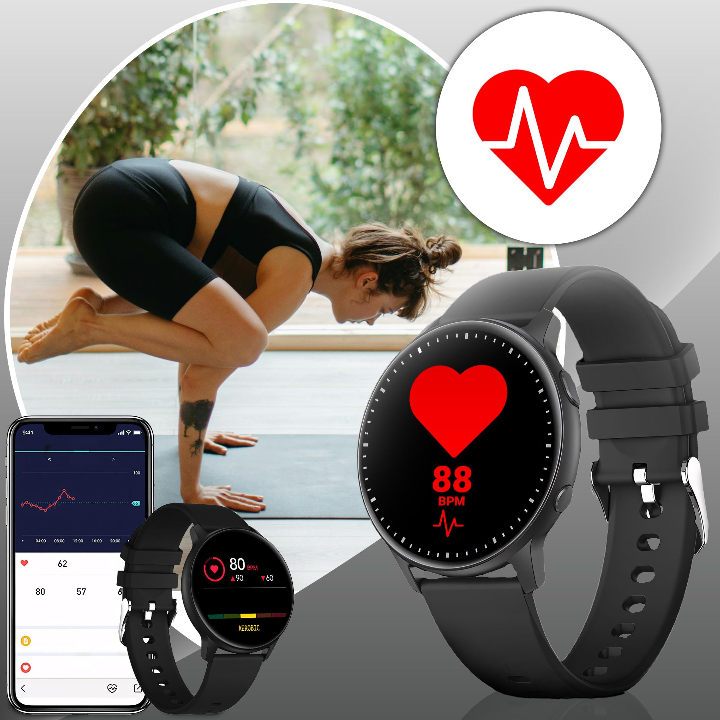 Retoo Montre Connectée Homme Femme 1.3 Pouces Écran Tactile Smart Watch avec Bluetooth 5.0 IP68 Étanche Fitness Montre 140mAh Tracker d'Activité Moniteur de Sommeil Podomètre Sport Montre Noir