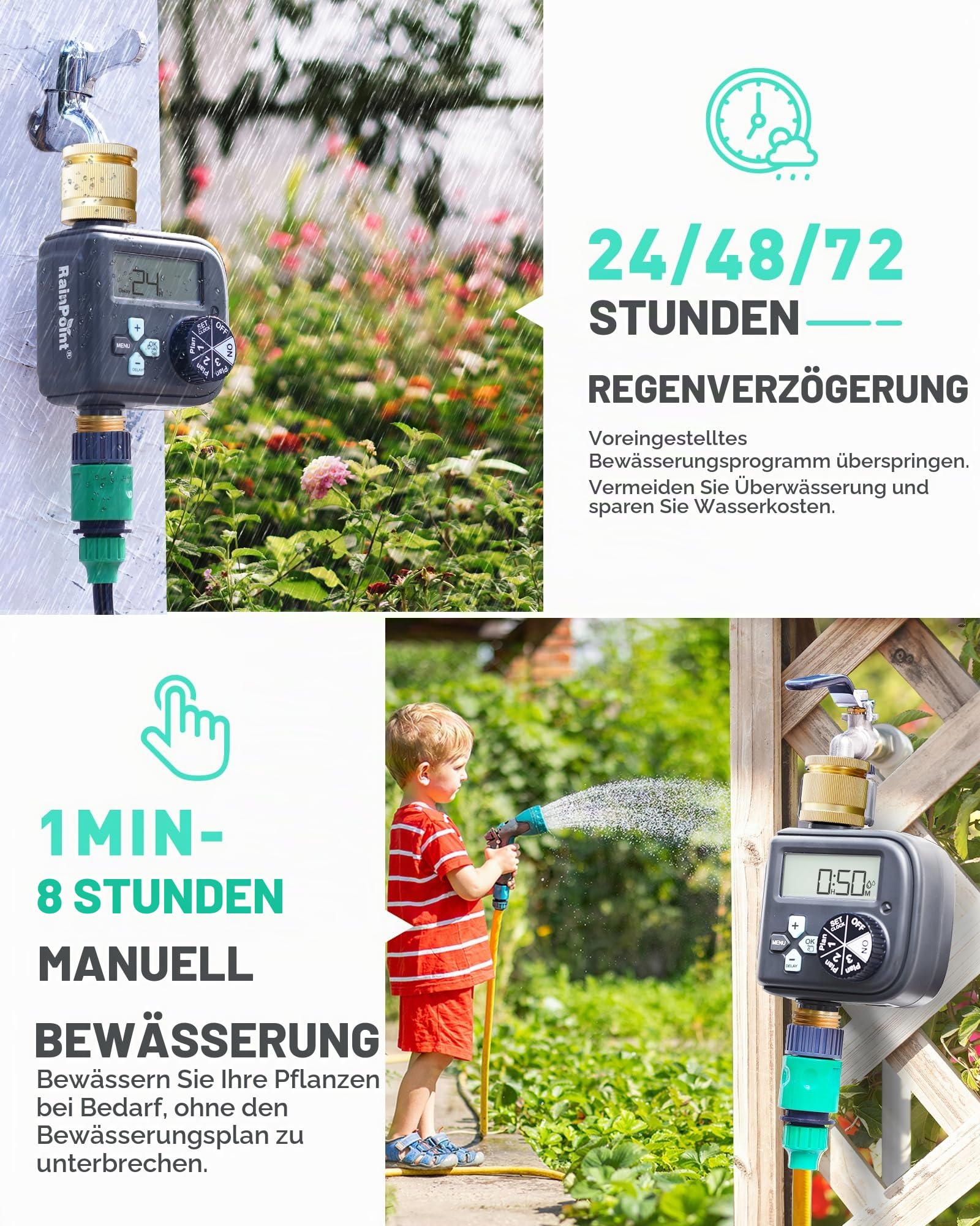 RAINPOINT Bewässerungscomputer mit Messing-Einlass und -Auslass, Wasserzeitschaltuhr mit 3 Zeitplänen, Automatische Bewässerung, Programmierbar nach Woche/Intervallstunden & Tagen, für Rasen, Garten