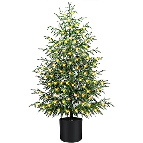 4FT Pre-Lit Artificial Norfolk Pine Christmas Tree – Realistic Potted Tree with 100 LED Lights & 8-Function Battery Box, Pre-Assembled Faux Holiday Décor for Indoor Use