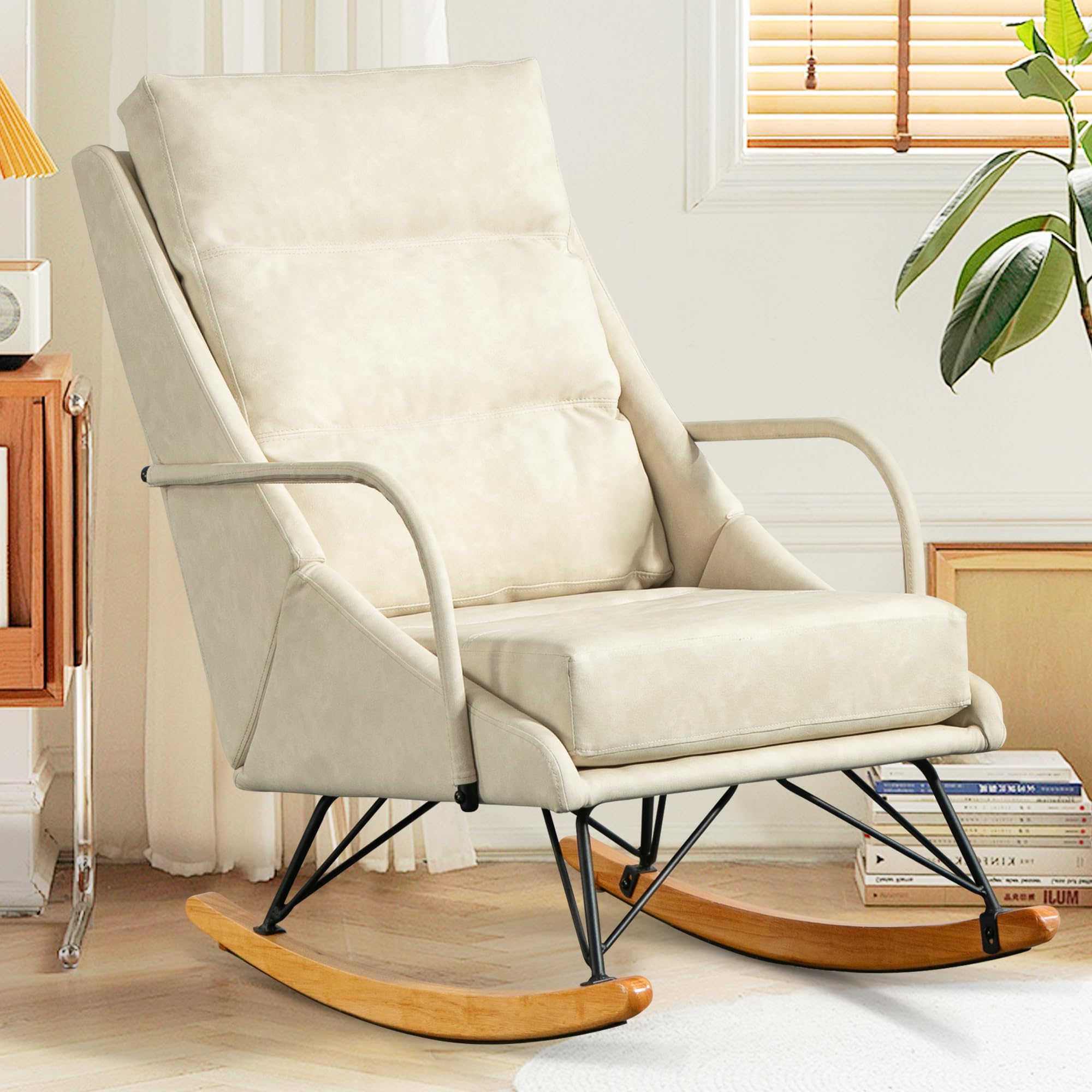 Villeston Leather Rocking Chair, Modern Nursery Glider with High Back for Living Room, Bedroom, Mid-Century Beige Accent Chair