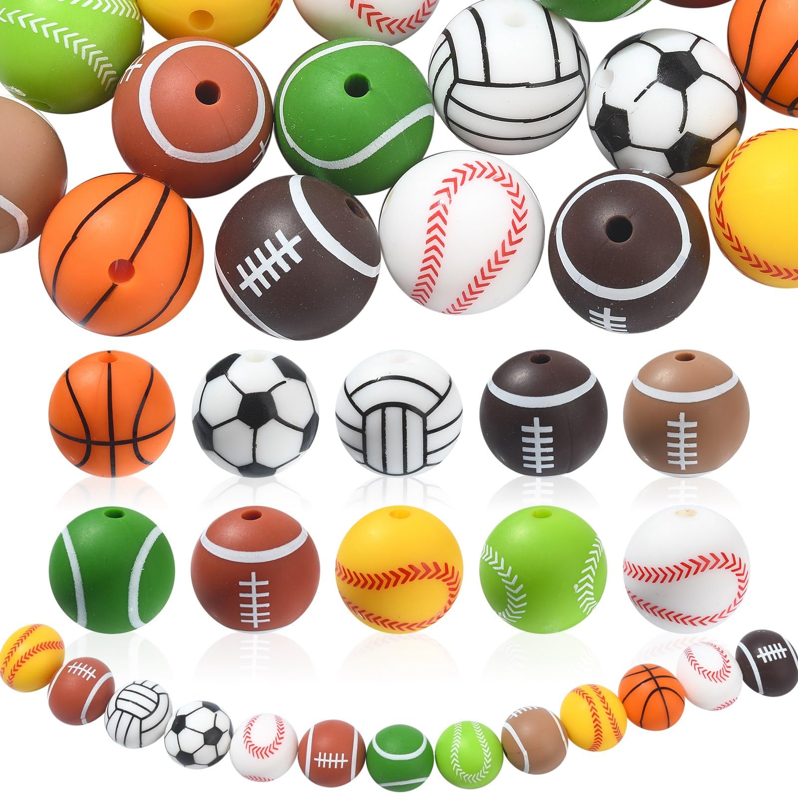 UR URLIFEHALL 20 Pcs 10 Styles Sports Silicone Beads Round Football Basketball Soccer Baseball Sports Beads for Jewellery Making Crafts โ image 1