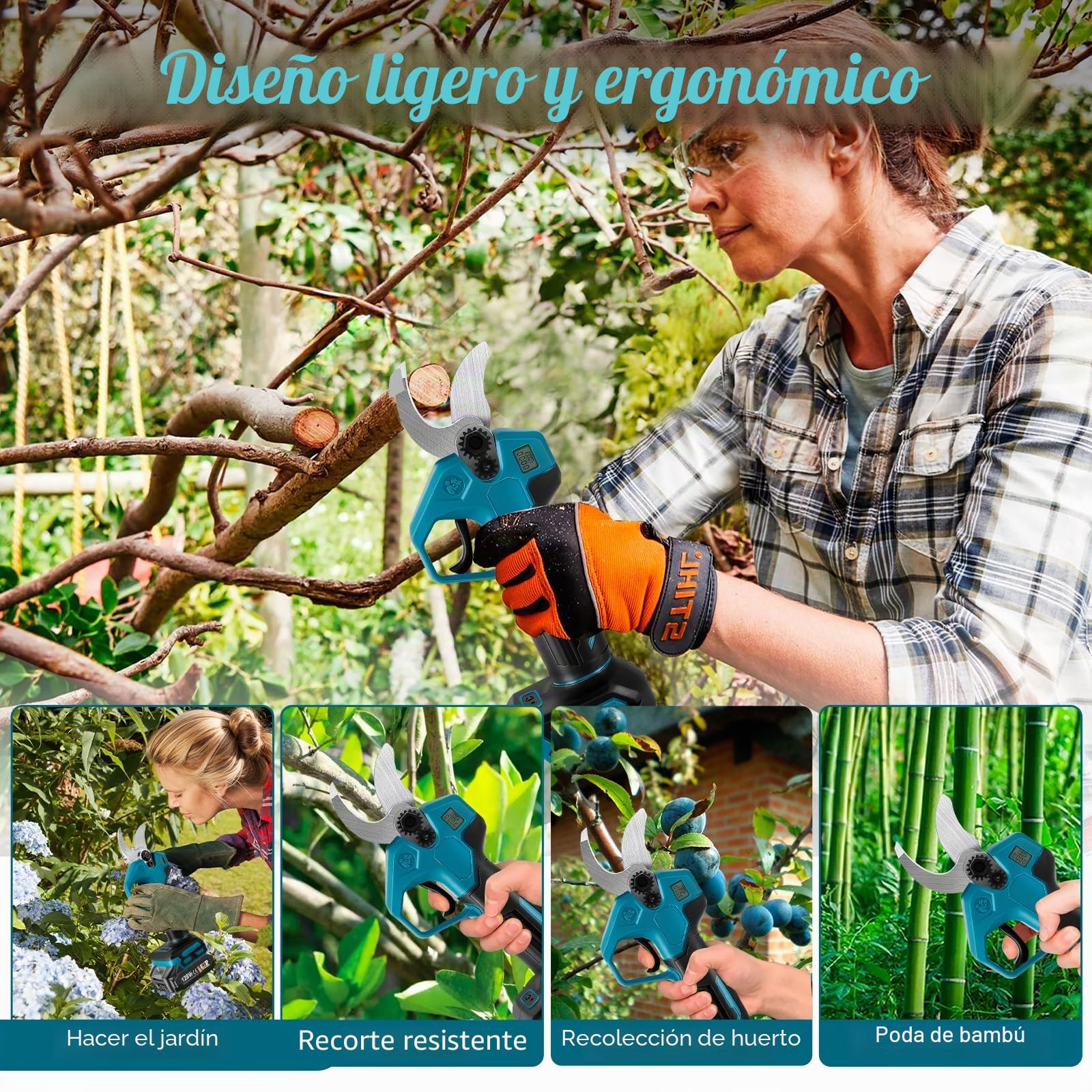 WingFly Podadora de Batería, Tijeras de Poda Eléctricas con 2 Baterías, Motor sin Escobillas, Diámetro Máximo 28 mm, Adecuado para Parterres, Jardines, Ramas (Azul)