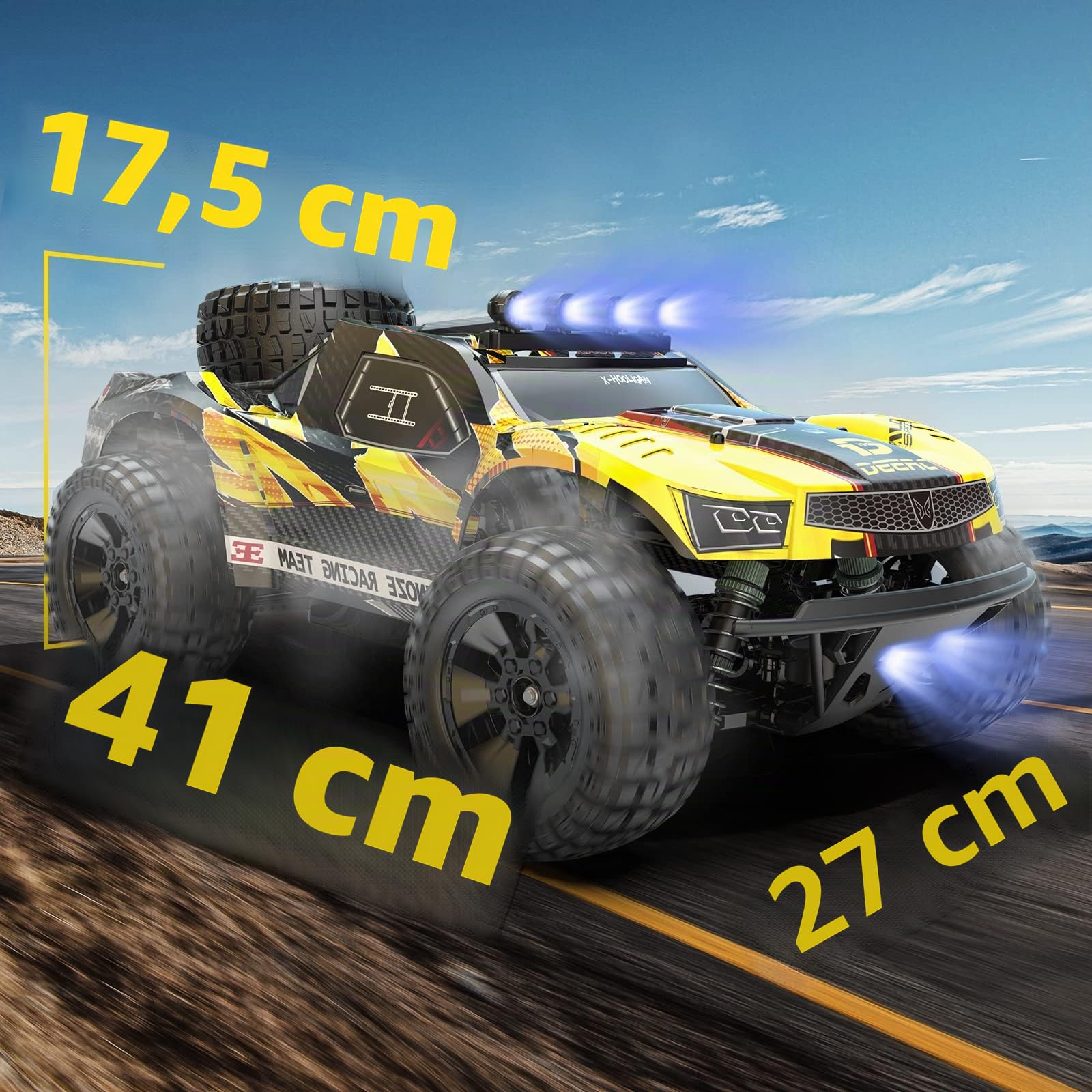 DEERC Coche teledirigido 1:10 con luces RC 48 km/h 4WD Offroad Hobby Grade Monster Crawler con 2 baterías de 40 minutos de autonomía, 2 bandejas para coche, para adultos, niños (9201E)