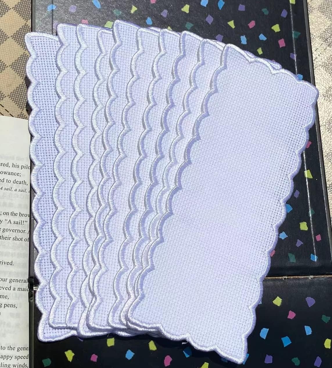 10 pcs Colored Pure White Scallop Embroidery Edged Blank Cross Stitch Bookmark for DIY,aida Fabric Edged Cross Stitch Book Mark Blank to Cross Stitch