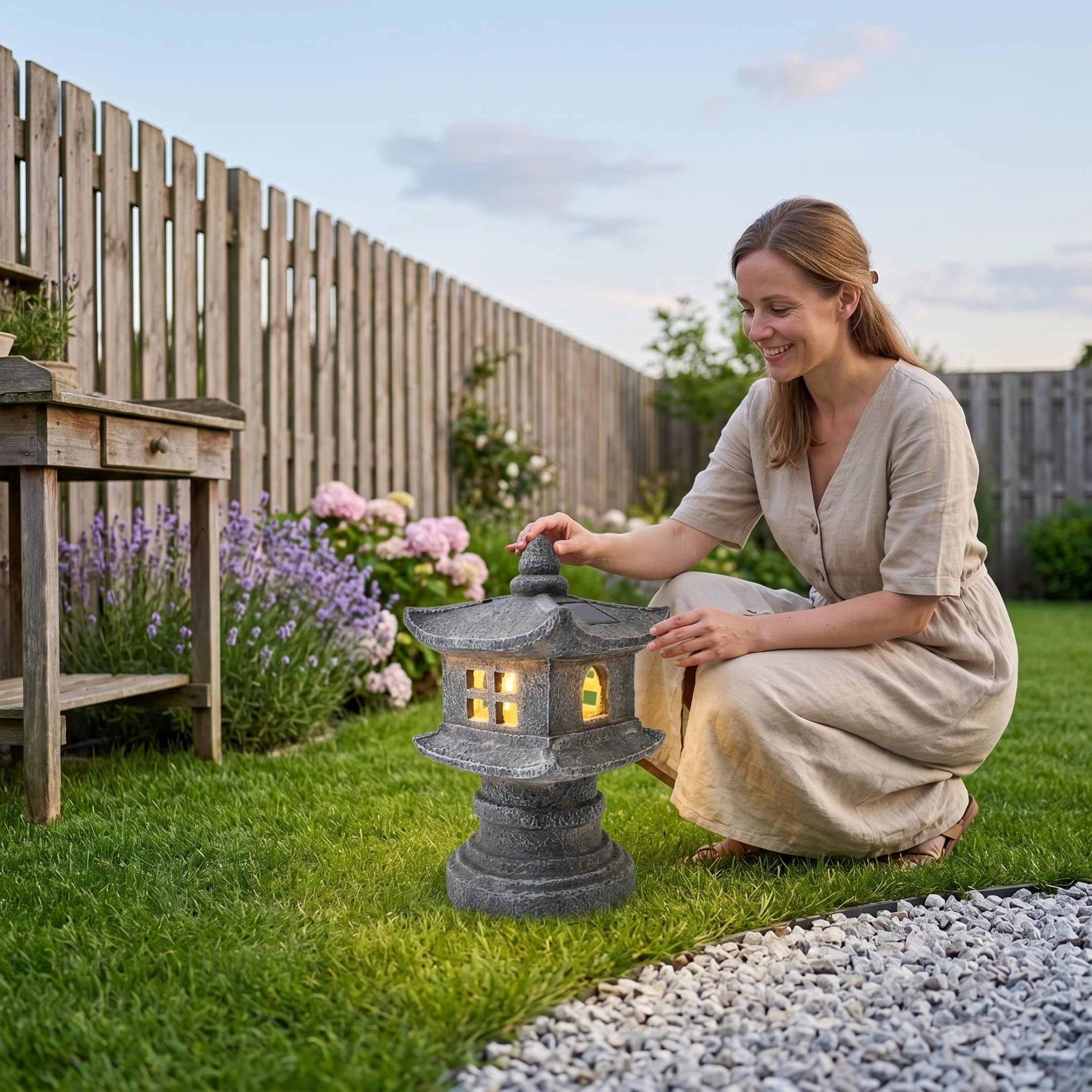 Statua da giardino con pagoda grigia solare, lanterna ad energia solare per l'arredamento del patio, ornamento del giardino Zen, luce notturna per esterni