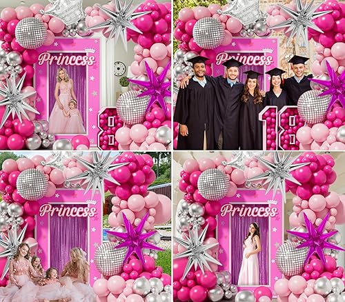 Miniatura 4 de Kit de arco de globos de color rosa y plateado con globos de corona de estrella de bola de discoteca rosa pastel y plata para fiesta temática de