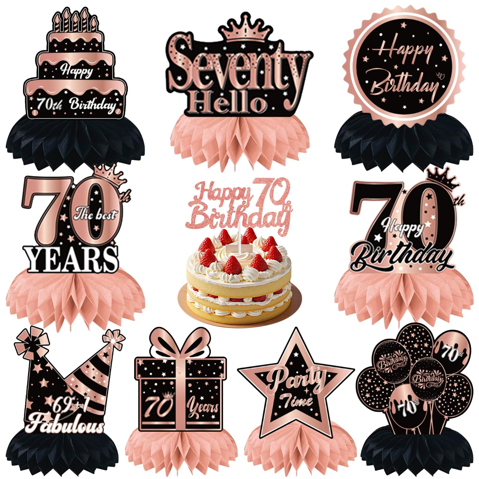 70th Birthday Table Decorations Centerpieces, 10pcs Black Gold Honeycomb Centerpiece Table Decoration and Cake Toppers for Women Men 70th Birthday Party Honeycomb Table Supplies