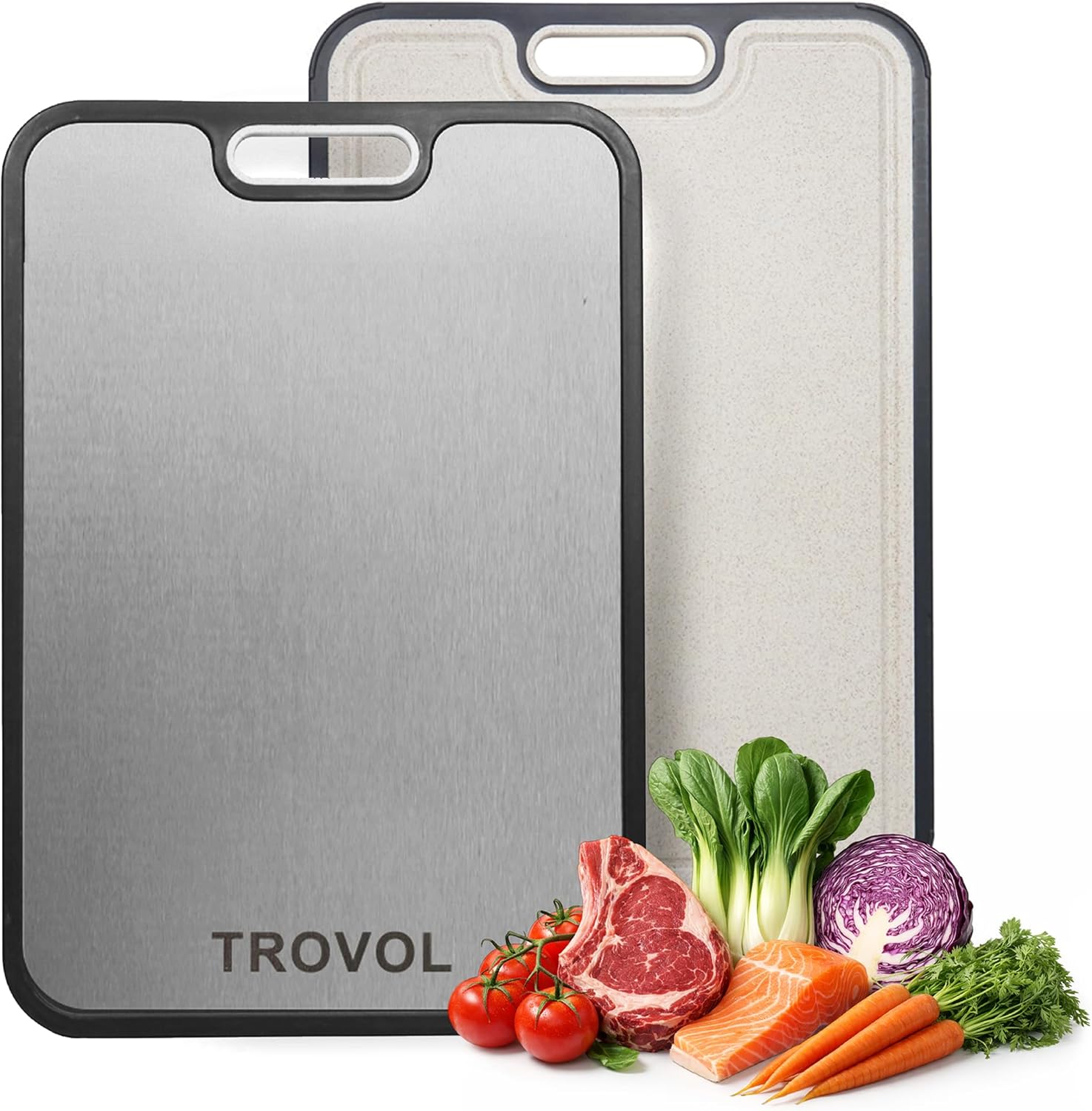 Titanium Cutting Board for Kitchen, Non-Toxic Double-Sided 99.77% Titanium & BPA-Free Wheat Straw PP, Knife-Friendly Metal Chopping Board, Large Cutting Board with Juice Groove, Easy to Clean