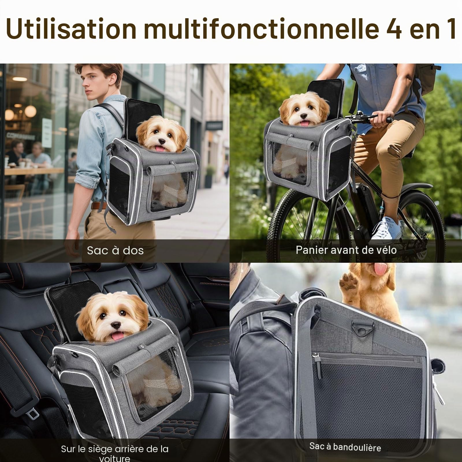 Panier de vélo Avant pour Chien, 4 en 1 Panier de vélo pour Petite 4 Portes Ouvertes, 4 fenêtres en Maille, avec Coussin,Imperméable, Idéal Panier Velo pour Petits Chiens, Chats jusqu'à 8KG
