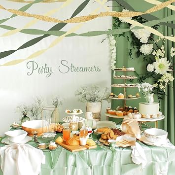 Birthday Decorations, Sage Green Gold Dark Olive Crepe Paper Party Streamers(5 Rolls) for Camp Bachelorette, Baby Shower, Bridal Shower Woodland Safari Boho Banner Decor Women Adults