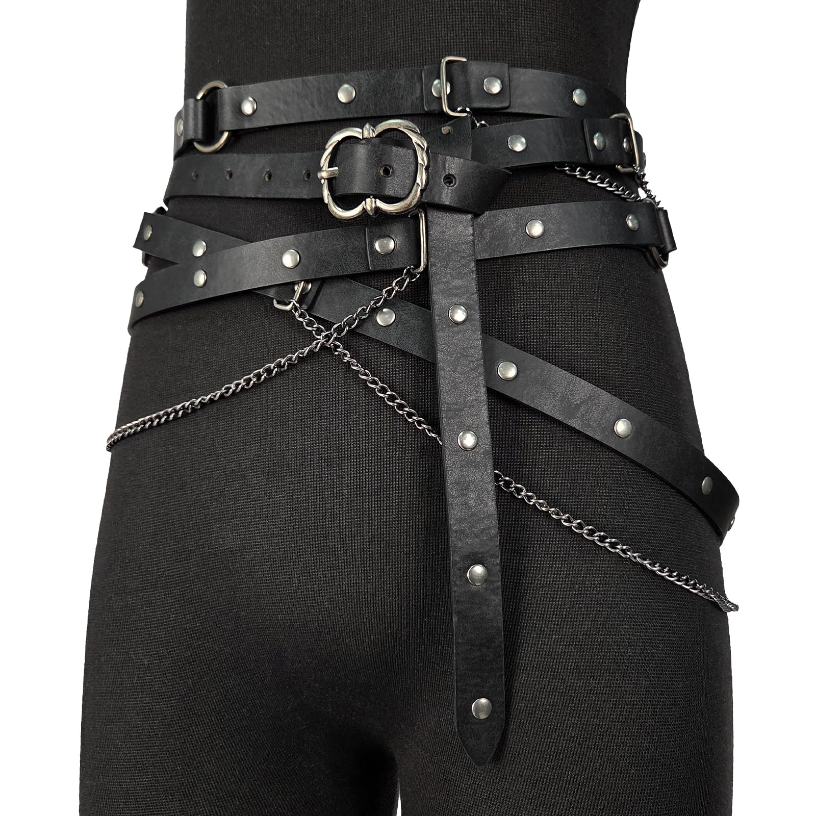 Medieval DIY Faux Leather Metal Chain Belt, Vintage Adjustable Thin Belt For Women, Retro Skinny Belt For Dresses