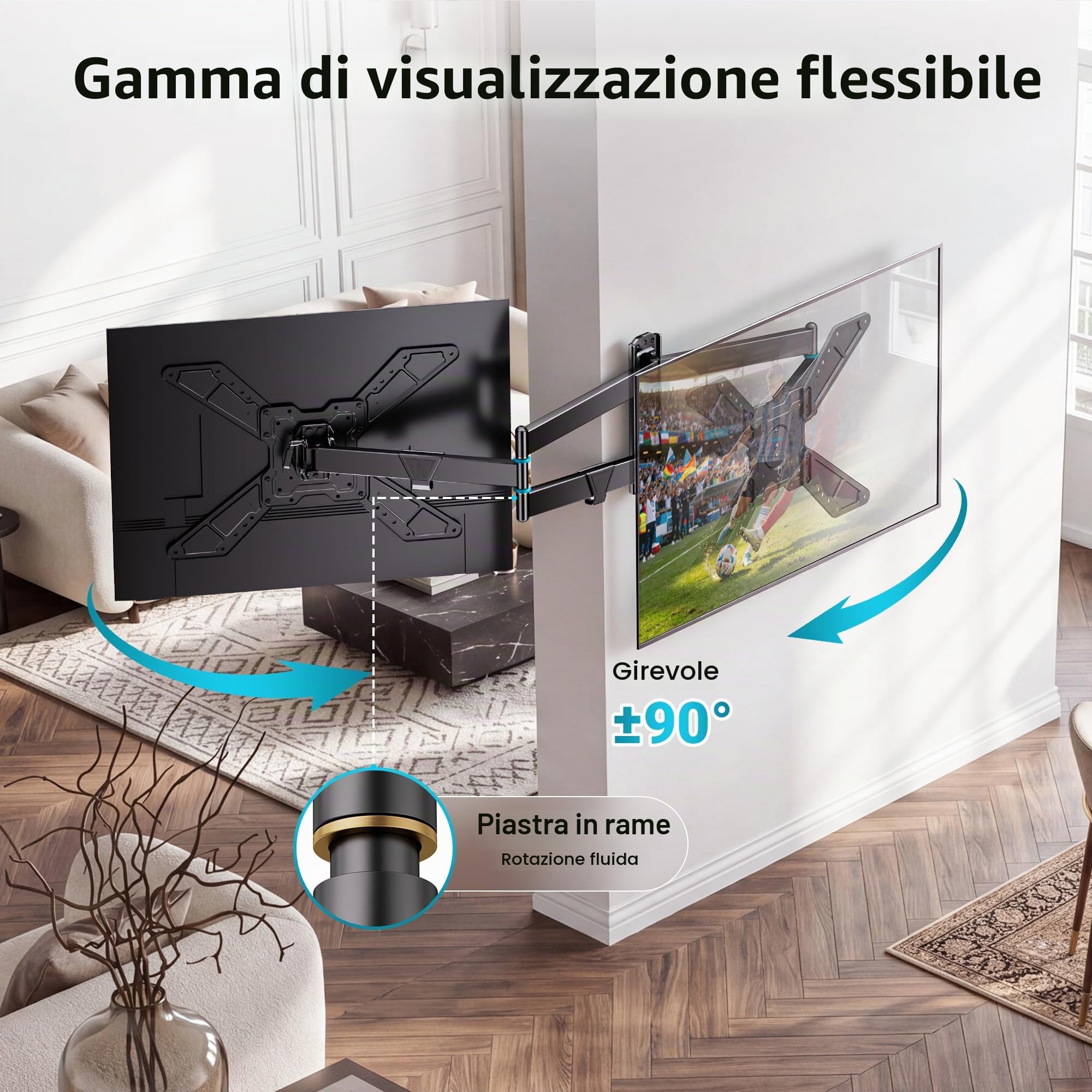 BONTEC Supporto TV da Parete per TV 32-75", Rotazione 90° e Braccio 838 mm | Portata 50 kg, VESA max 600x400 mm, staffa girevole e inclinabile, passa da orizzontale a verticale