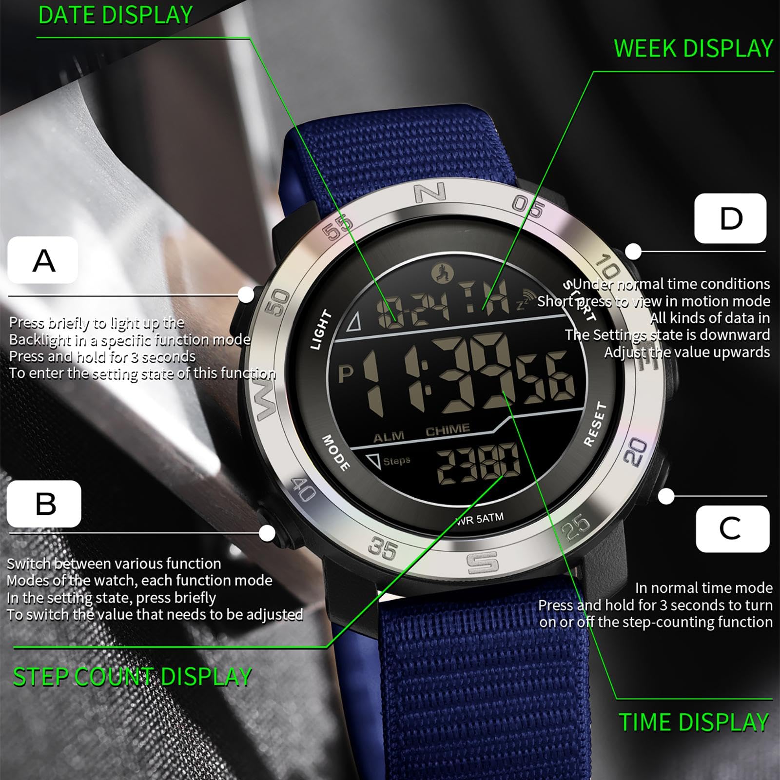 Montre avec compteur de pas, pas besoin de téléphone, podomètre, montre numérique pour homme et femme, avec calories, distance, alarme, compte à rebours, bracelet en nylon