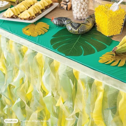 Miniatura 3 de BLUEKATE Falda de mesa verde limón. Falda de mesa de 6 pies con organza de doble capa. Decoraciones temáticas de selva, cumpleaños, decoraciones de
