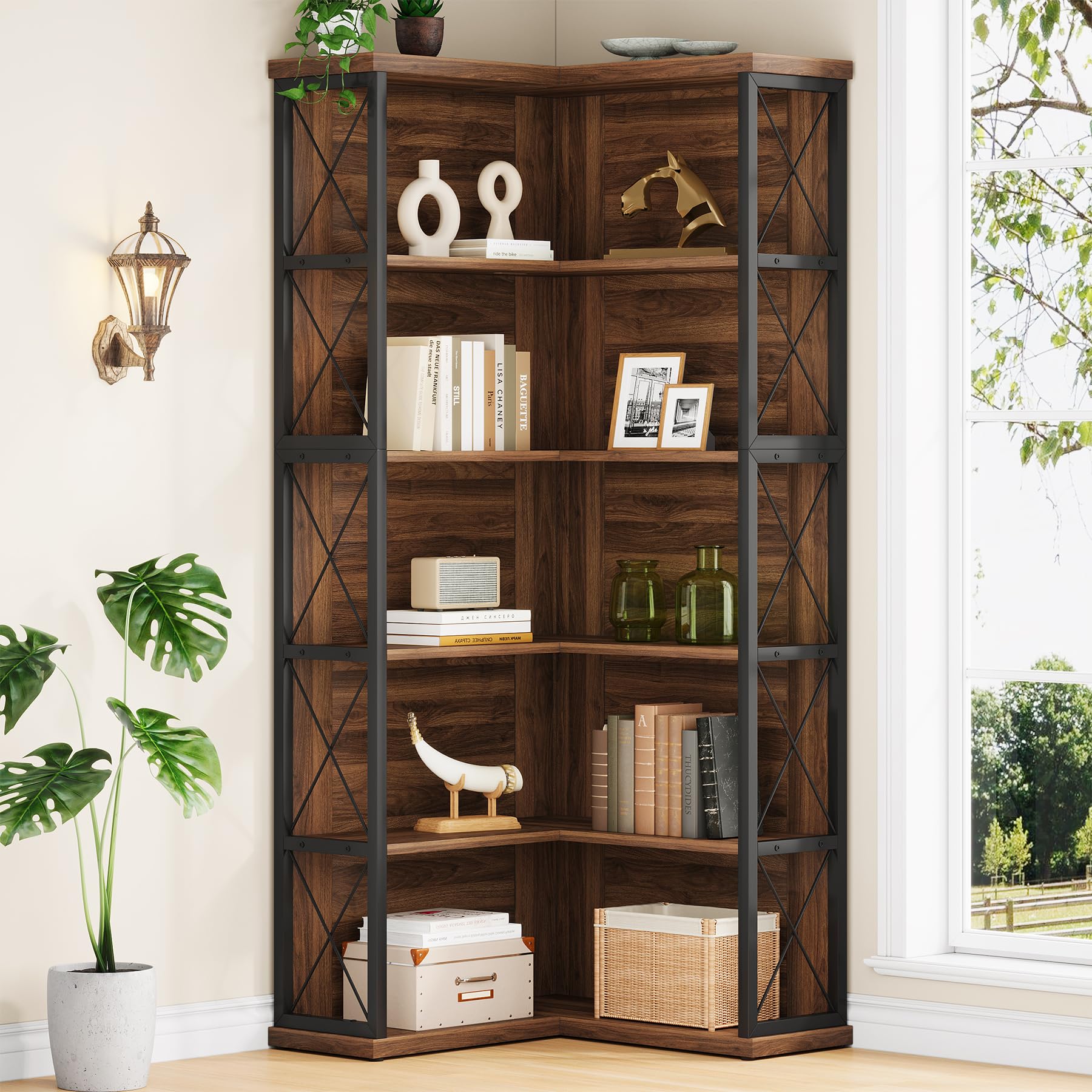 Condemo L-Shaped Dark Walnut Corner Bookshelf