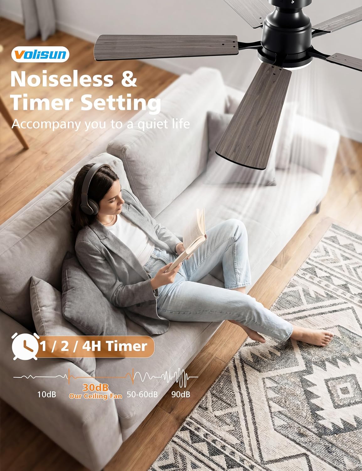 VOLISUN 52 Inch Ceiling Fan with Lights Flush Mount, Low Profile Ceiling Fans with Lights, Remote&APP Control,Dimmable 22W LED Light,Queit&Reversible Fan, Black Ceilings Fans for Bedroom, Living Room