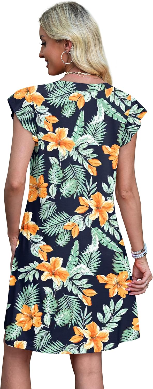 OFEEFAN Spring Summer Dresses for Women 2026 Casual Ruffle Sleeve V Neck Loose Swing Sundresses with Pockets Plain/Print - Image 5