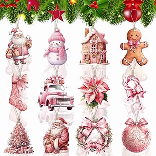 24 Pieces Vintage Pink Christmas Wooden Ornaments Hanging Christmas Tree Ornaments Pink Snowman Santa Xtmas Tree Wood Cutouts Tags with Ropes for Xtmas Tree Decor