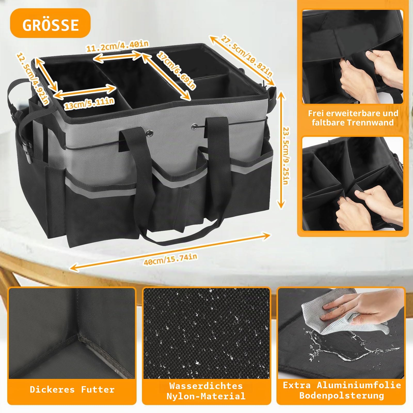 Große Reinigungs Caddy, Tragbarer Putzmittel Organizer Reinigungstasche mit Verstellbaren Schultergurt, 40x23,5x27,5 cm Haushaltstasche Reinigungsmittel Aufbewahrung für Zuhause Auto Einkaufen (Grau)