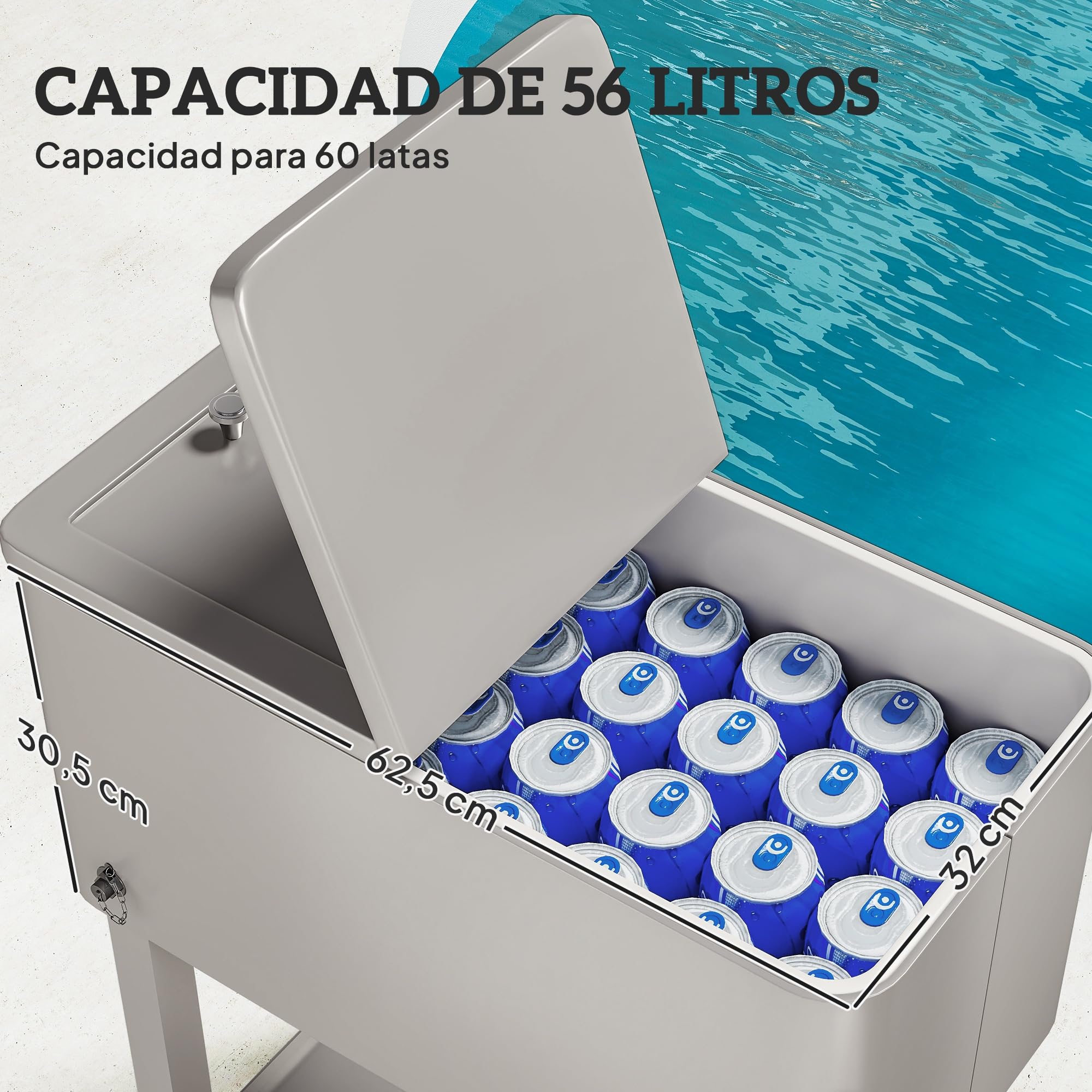 Outsunny Carro de Bebidas Refrigerado 56L Carro Nevera con Ruedas Abrebotellas y Estante para Patio Fiesta Terraza 67x35x80 cm